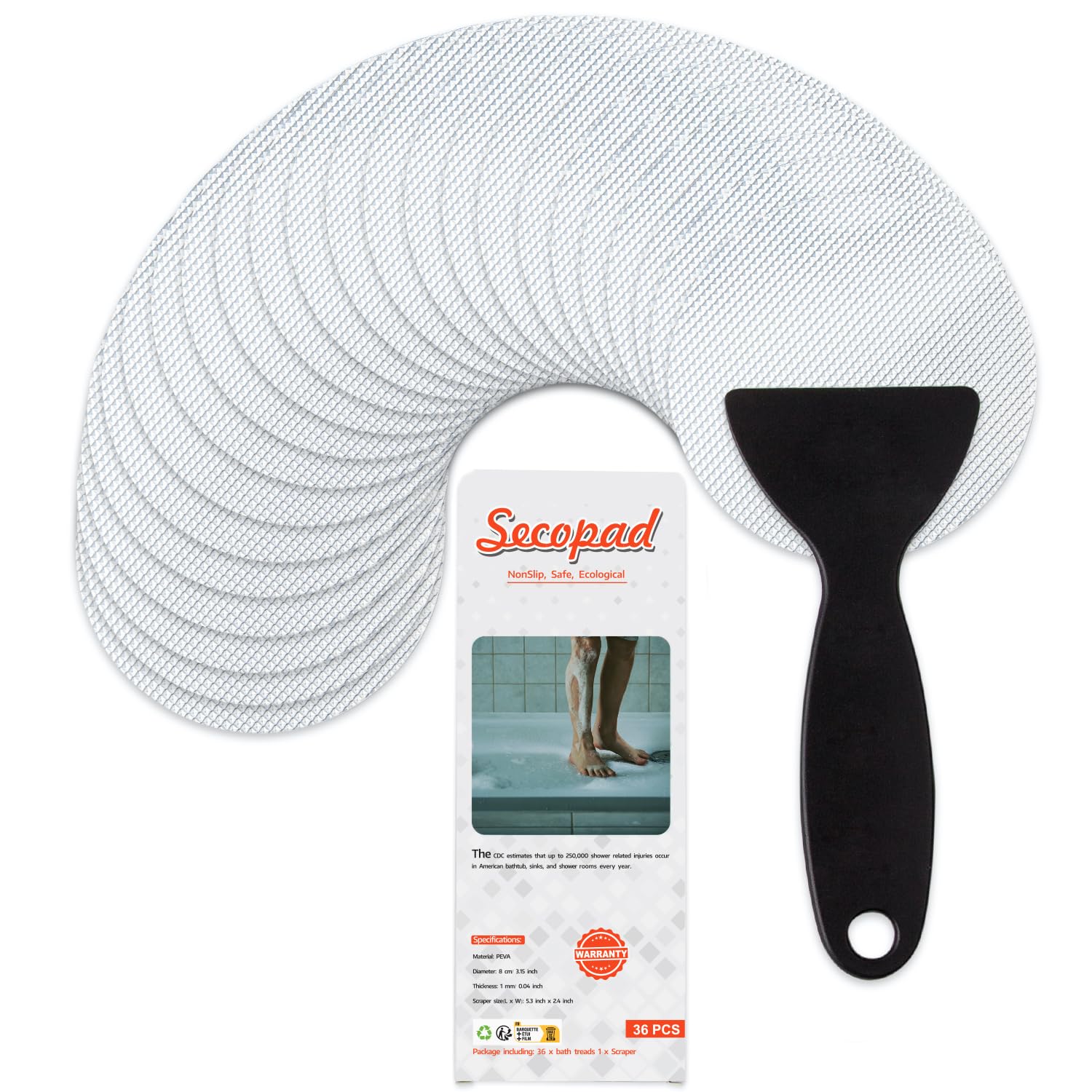 Secopad 36Pcs Non-Slip Bathtub Stickers, Safety Bathroom Tubs Showers Treads Adhesive Decals Scraper