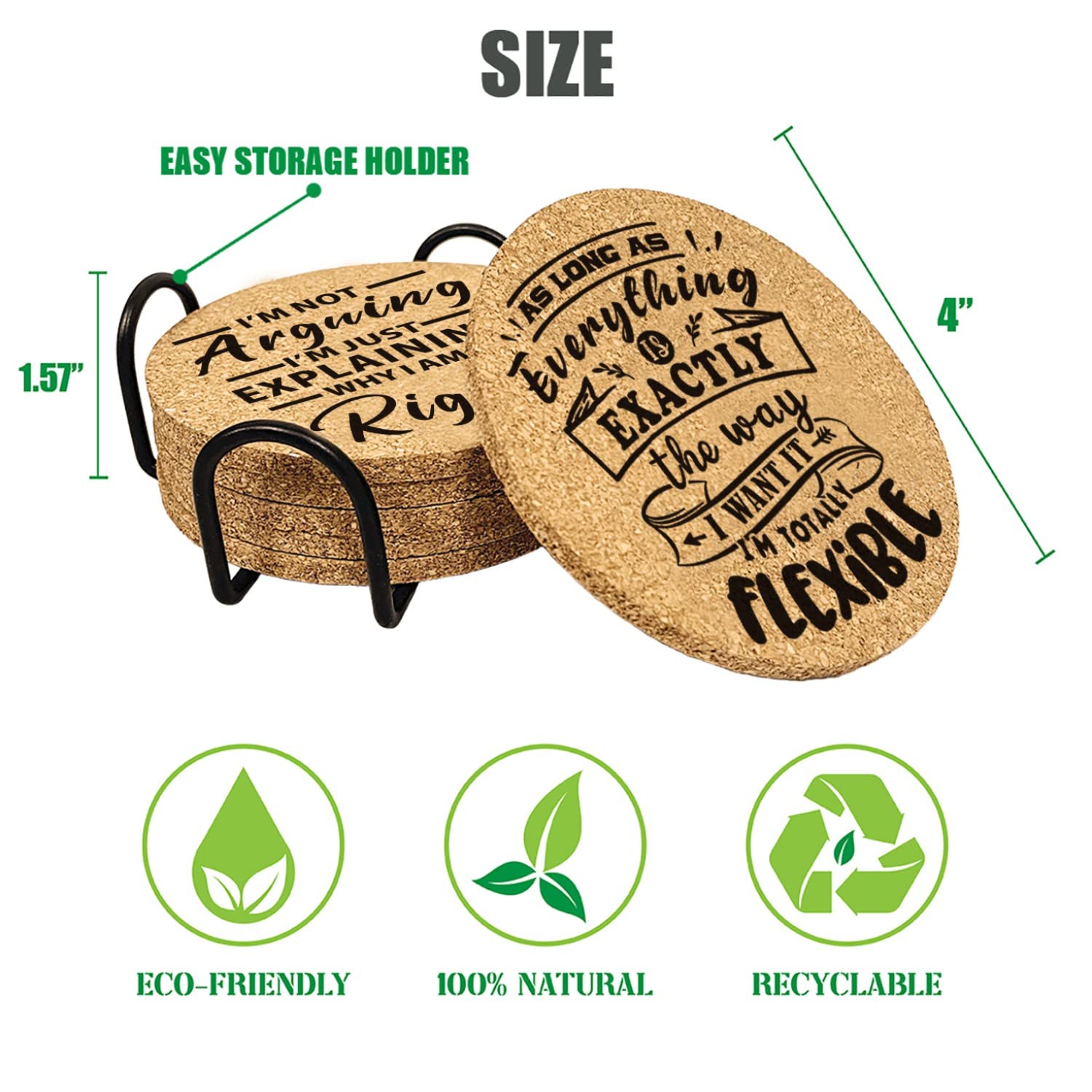 Homythe Office Coasters Set - 6 Pcs Funny Cork Drink Coasters with Metal Holder, 4x4 inch, Ideal Gifts for Coworkers & Boss