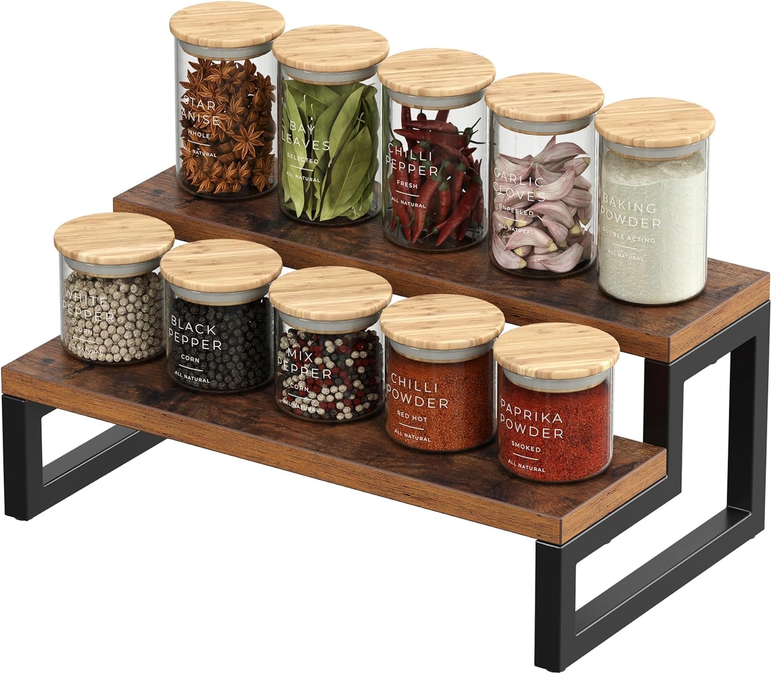 Kundi Rustic Wood Spice Rack Shelf, Kitchen Organizer Rack, Rack Stand, Kitchen Counter Organiser, Dark Brown (4) (2 Shelves)