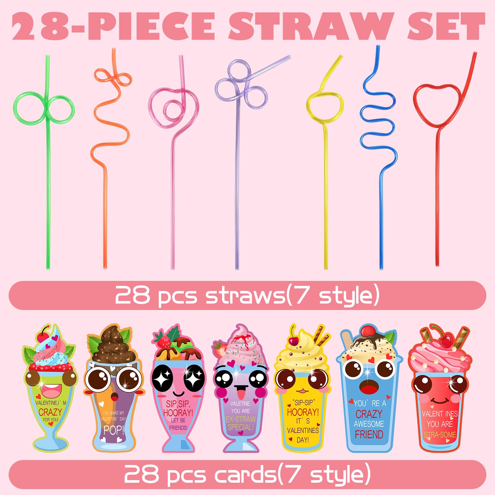 Qlinleaf 28 Pack Valentines Day Gift Cards With Colorful Loop Reusable Drinking Straws Valentine Classroom Gift Exchange Prizes