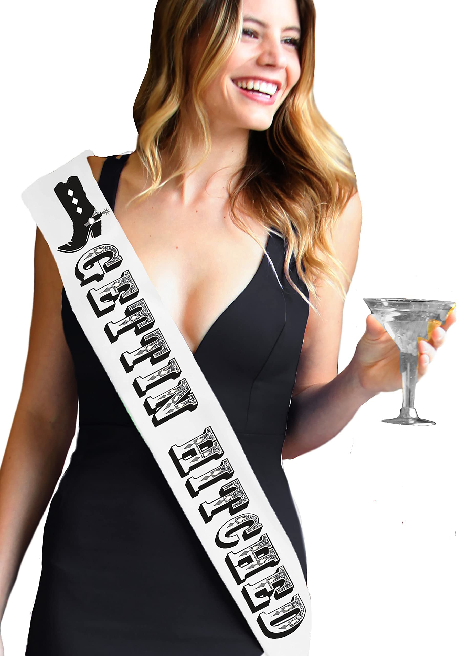 Country Bride Sash - Bridal Grade Satin Cowgirl Bachelorette Party Sash - Gettin Hitched Silver Sparkle Sash For Bride - Nashvil