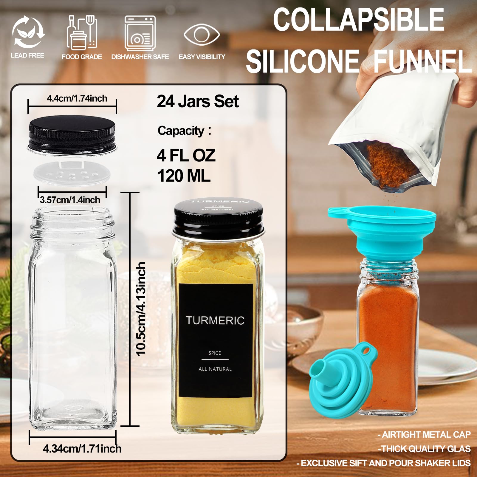 Aisiprin 24 Pcs Glass Spice Jars With 398 Labels, 4Oz Empty Square Spice Containers Seasoning Bottles - Shaker Lids, Funnel, Bru