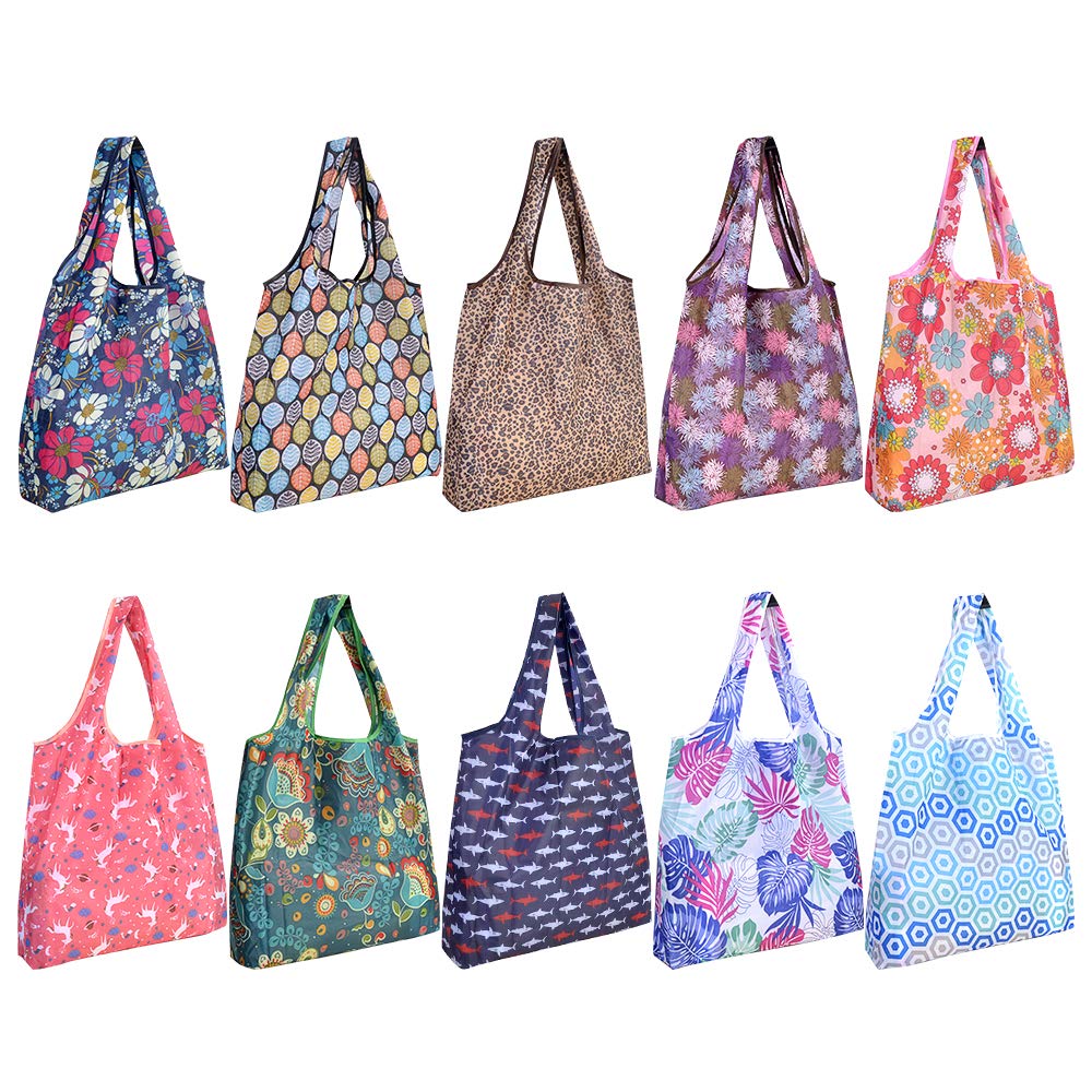 Szuah 10 Pack Reusable Grocery Shopping Bags, Foldable Shopping Bags Grocery Tote With Attached Pouch,Machine Washable Eco-Frien