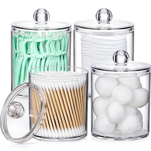 4 PACK Qtip Holder Dispenser for Cotton Ball  Cotton Swab  Cotton Round Pads  Floss Picks - 10 oz Clear Plastic Apothecary Jar Set for Bathroom Canister Storage Organization  Vanity Makeup Organizer