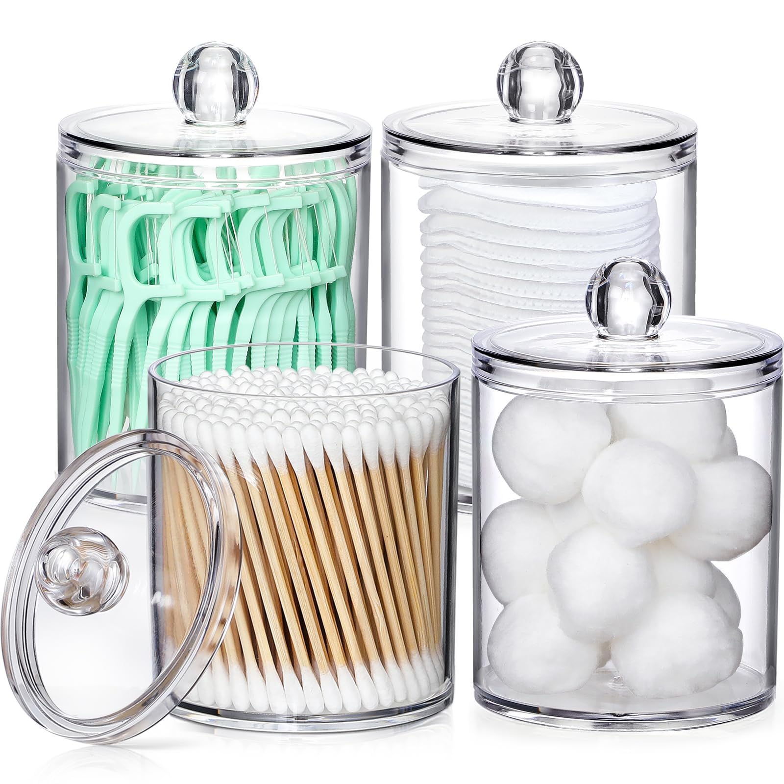 4 PACK Qtip Holder Dispenser for Cotton Ball  Cotton Swab  Cotton Round Pads  Floss Picks - 10 oz Clear Plastic Apothecary Jar Set for Bathroom Canister Storage Organization  Vanity Makeup Organizer