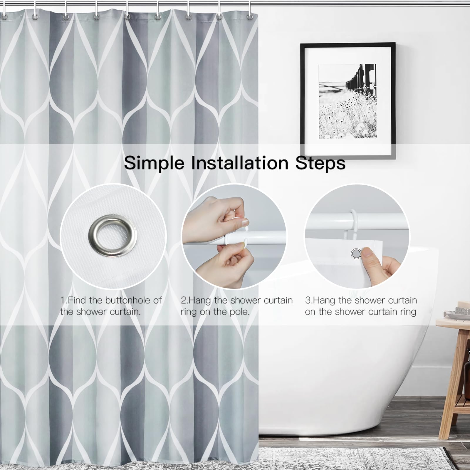 Gelbchu Grey Fabric Geometric Shower Curtain W 60 x H 72 Waterproof Design and Polyester  Quick-Drying  Weighted Hem  Stall Size Shower Curtains Set for Bathroom  Durable and Washable with 10 Hooks