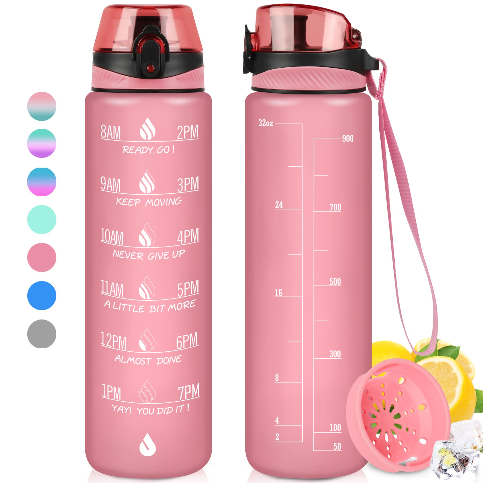 ZOMAKE 32oz Water Bottles with Time Marker & Strainer,Motivational Water Bottle with BPA Free Non-Toxic Tritan Material, Leakpro