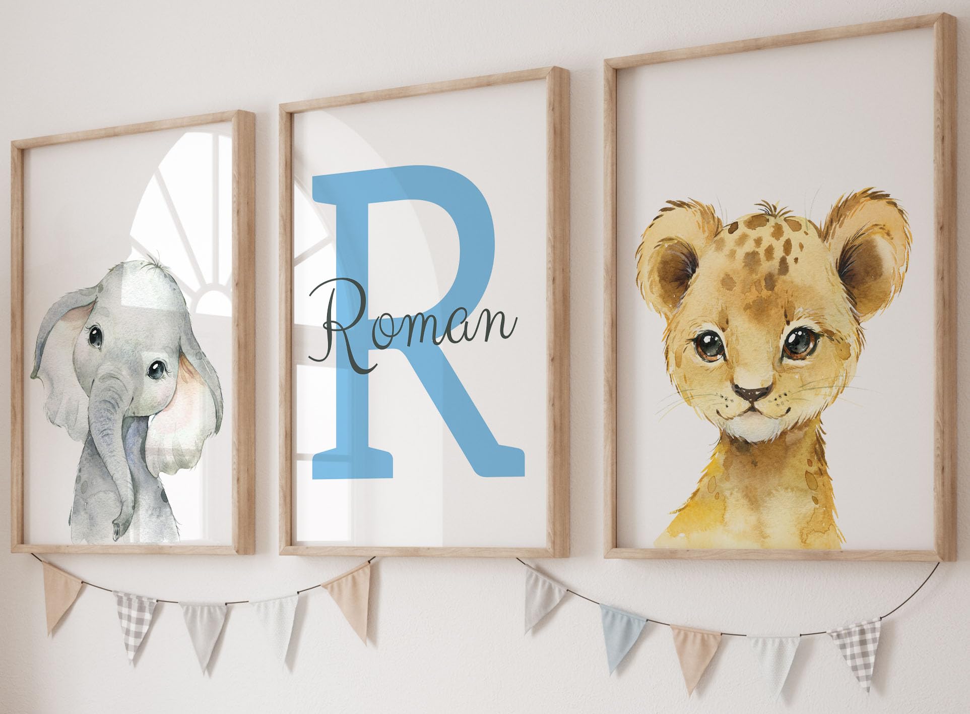 Personalized Safari Animals for Boy Girl Nursery  Set of 3 Unframed Bedroom Poster Prints  Personalized Name Blue Green Yellow  Giraffe Elephant Lion Panda (12x16)