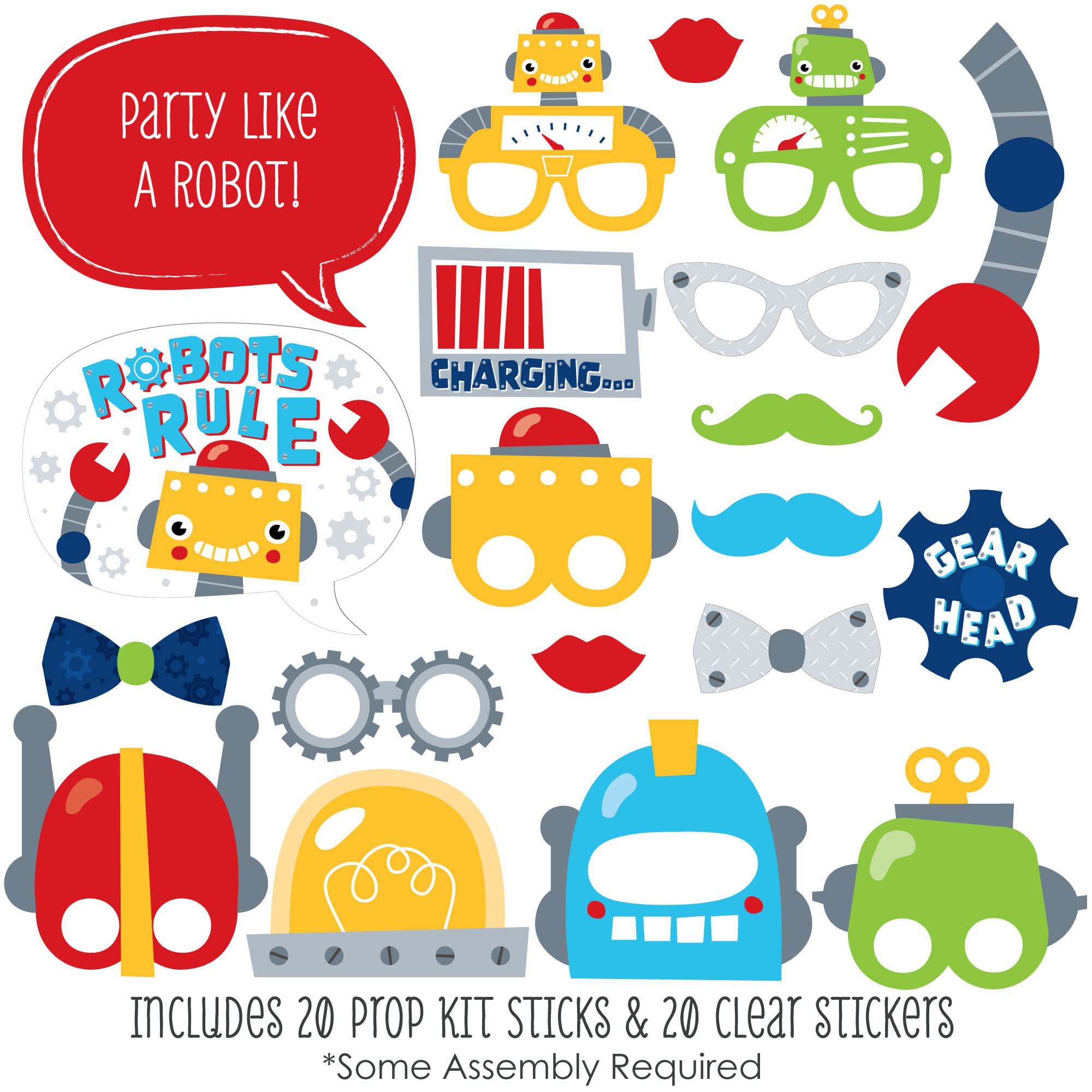 Big Dot Of Happiness Gear Up Robots - Birthday Party Or Baby Shower Photo Booth Props Kit - 20 Count