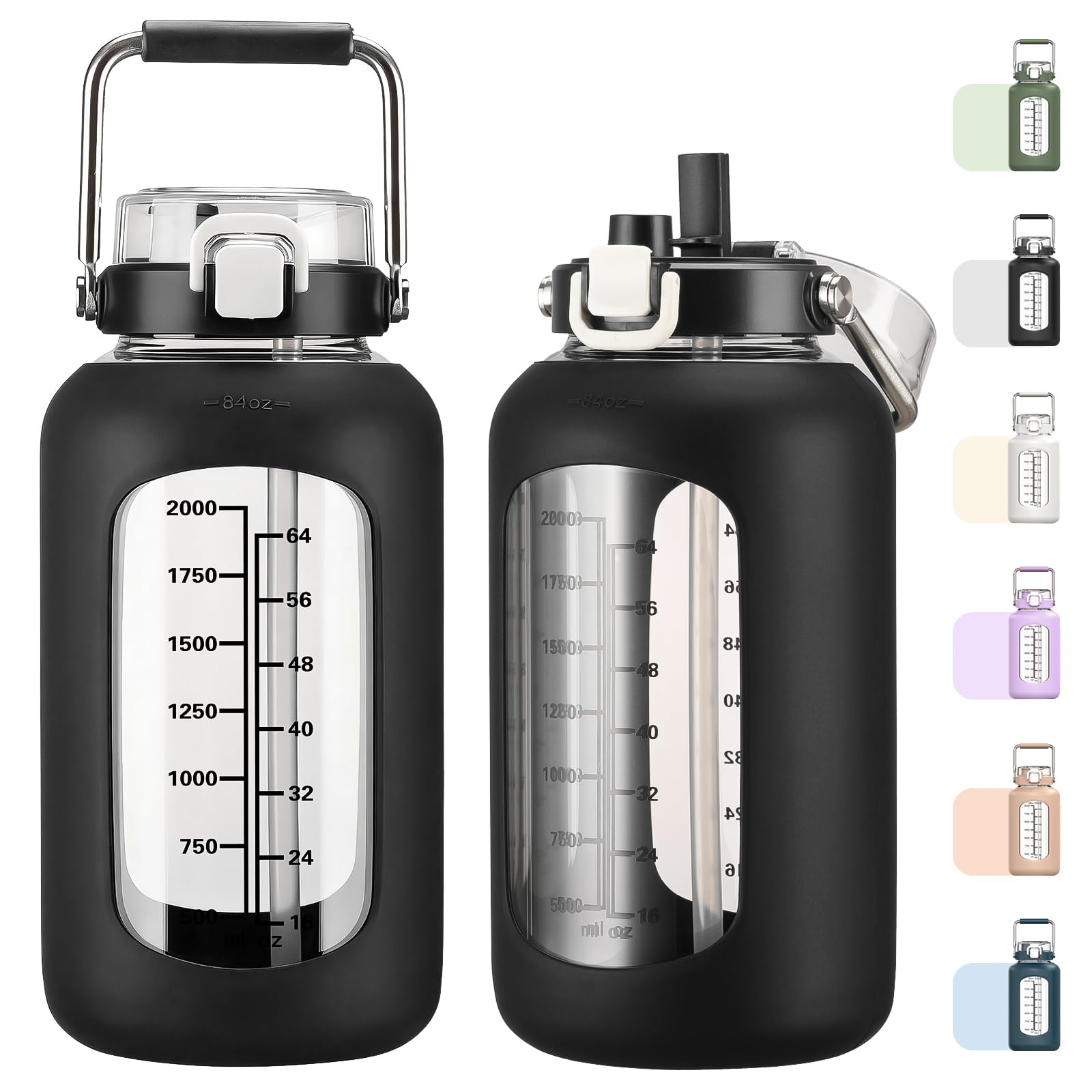 MUKOKO 84oz Glass Water Bottle with Time Marker and Silicone Sleeve 2.5L Water Jug with Stainless Steel Handle Gallon Drinking B