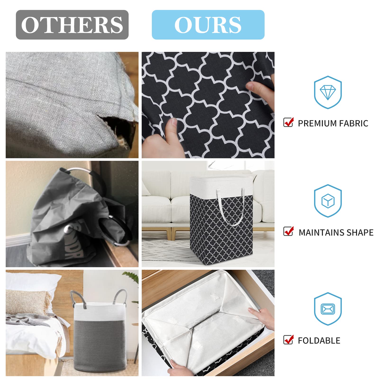 HomeHacks Laundry Baskets with Long Handles  Collapsible Waterproof Clothes Hamper  Durable Tall Laundry Bin for Bedroom  Bathroom  Dorm  Toys  75L  2-Pack  Black