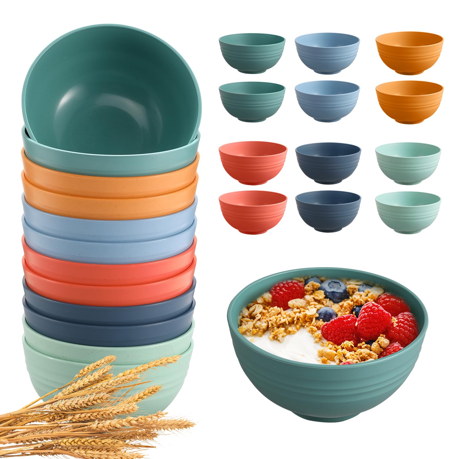 Heycome 12 Pcs Unbreakable Cereal Bowls Set, 26 Oz Wheat Straw Bowls Set, Microwave & Dishwasher Safe Bowls For Kitchen, Reusabl