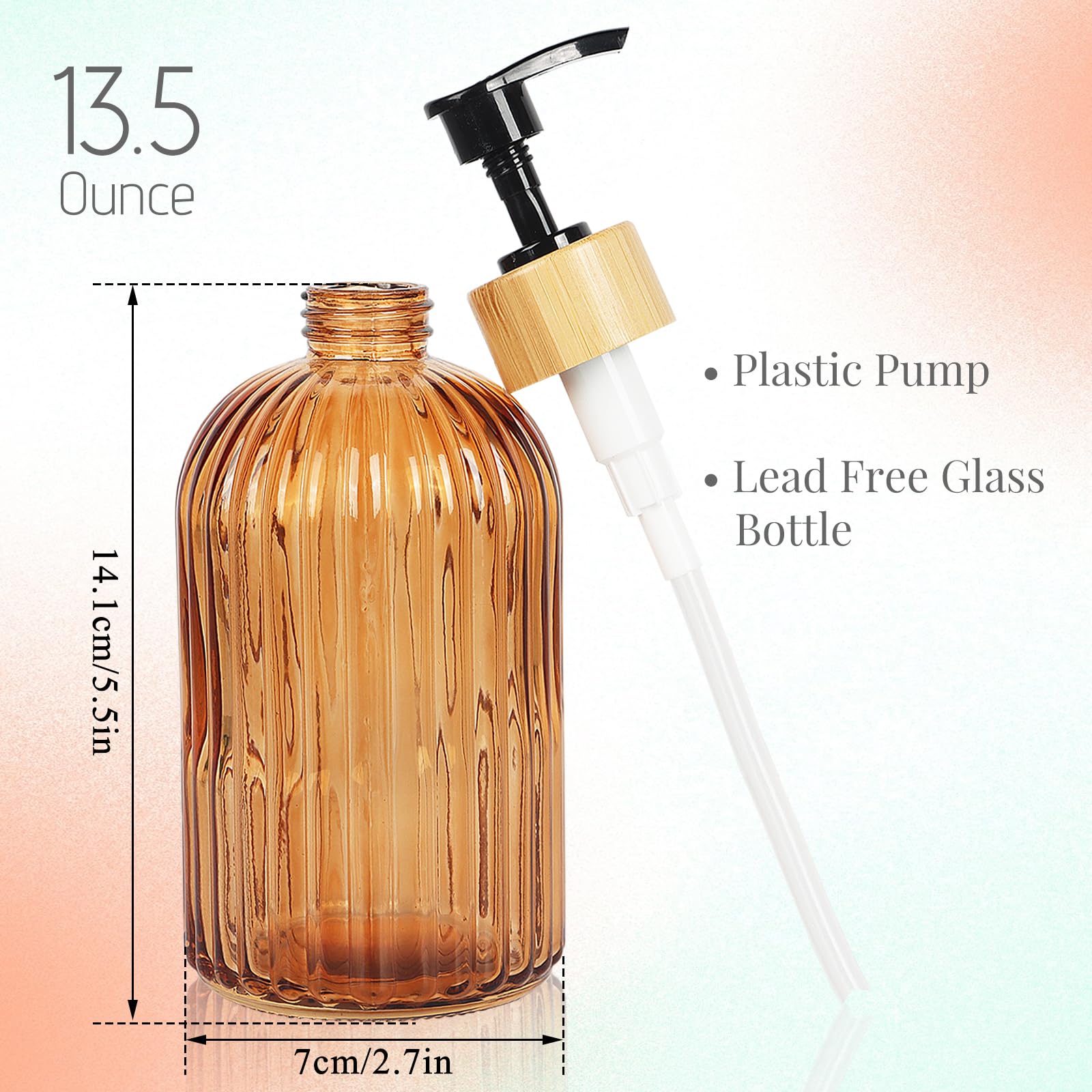 Ulable Amber Glass Soap Dispenser With Pump, 2 Pack 13.5Oz Vertical Stripe Design Hand Soap Dispenser For Hand Wash, Dish Wash,