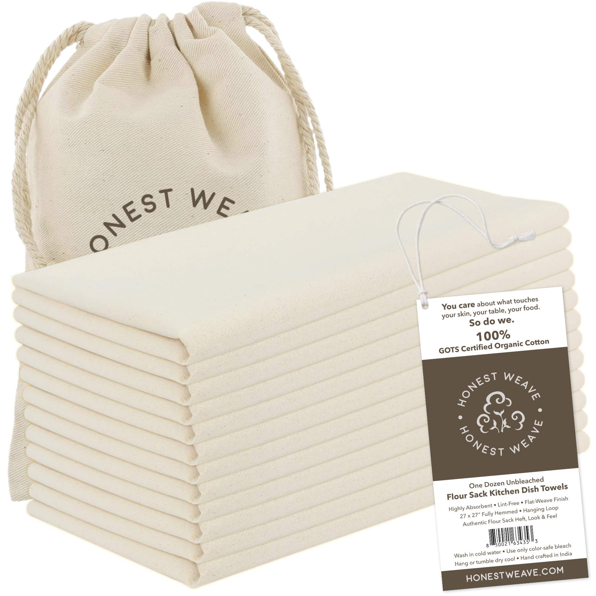 Honest Weave Gots Certified 100% Organic Flour Sack Cotton Kitchen Hand And Dish Towel Sets - Extra Large 27X27 Inches, Fully He