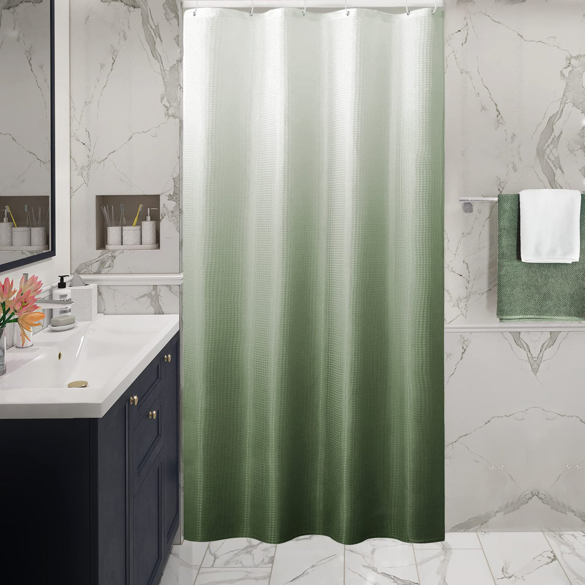 Gibelle Small Stall Shower Curtain 36 X 72, Narrow Half Sage Green Ombre Shower Curtain For Bathroom, Waffle Weave Fabric Shower