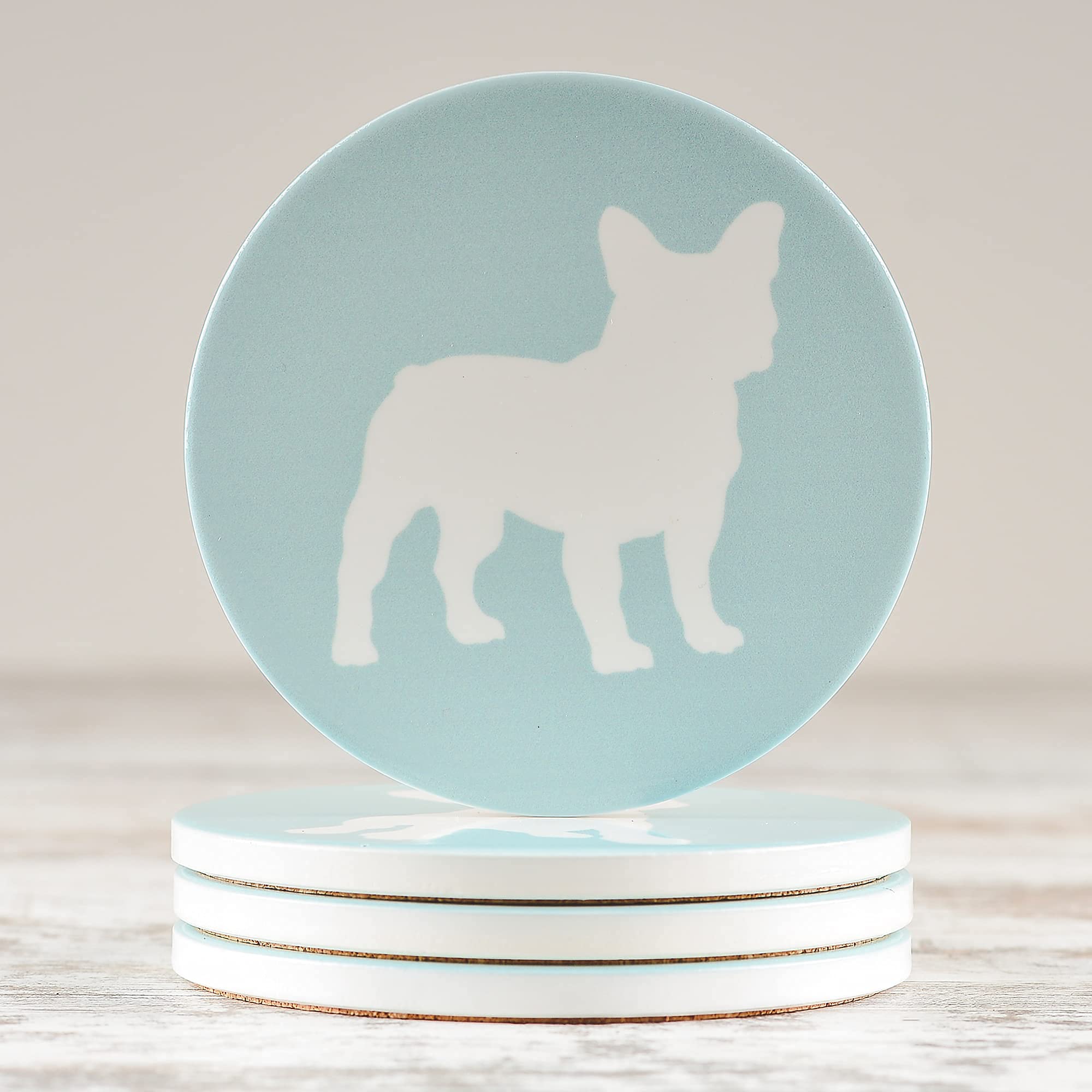 Greenline Goods French Bulldog Lovers Ceramic Drink Coasters - Set of 4 Frenchie Dog Coasters with Protective Cork Bottom and Metal Stand - French Bulldog Decor for French Bulldog Moms & Dads
