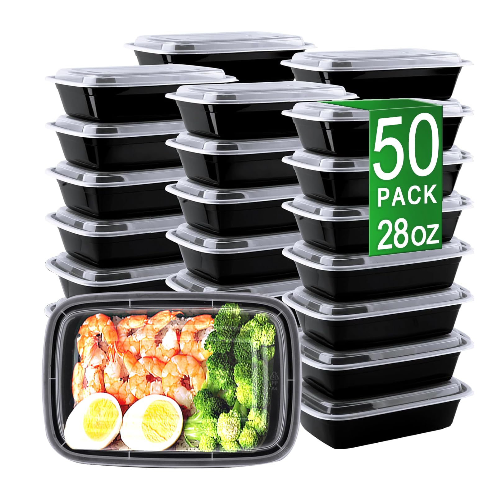 APSIC Meal Prep Containers, 50 Pack 28oz (100-Piece) Disposable Take Out Food Storage Containers with Leakproof Lids, Reusable P
