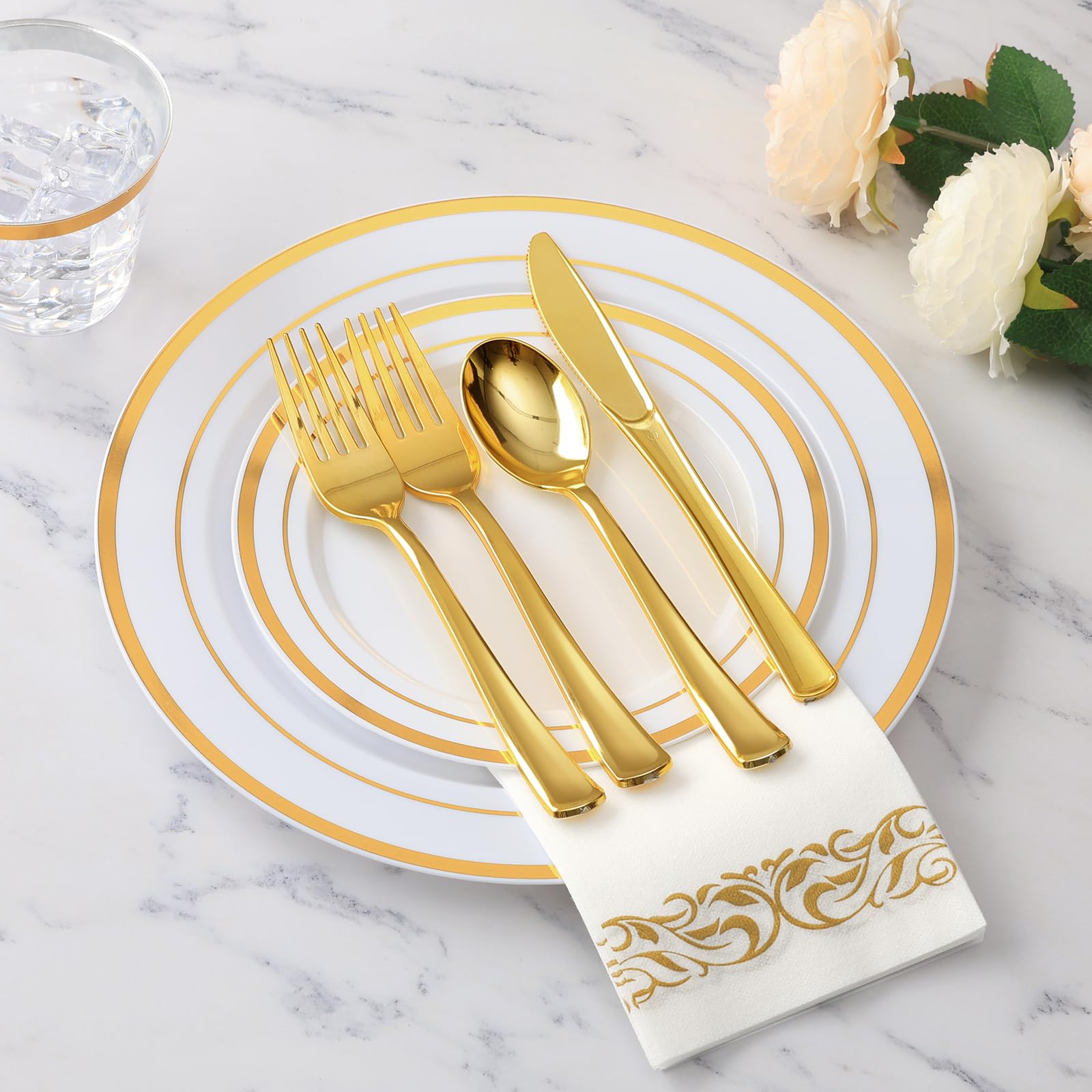 175 Piece Gold Dinnerware Set for 25 Guests  Plastic Plates Disposable for Party  Include: 25 Gold Rim Dinner Plates  25 Dessert Plates  25 Paper Napkins  25 Cups  25 Gold Plastic Silverware Set