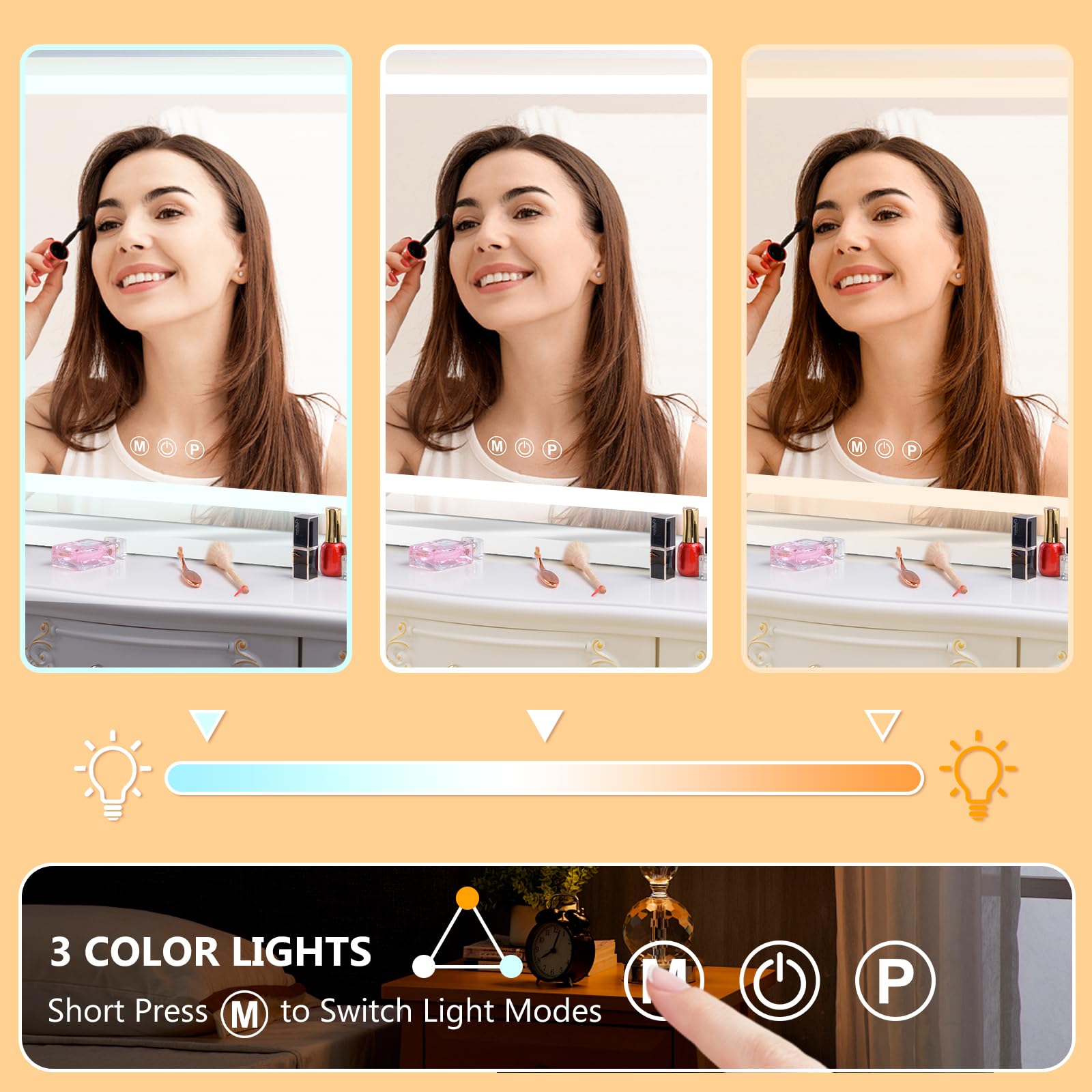 Ratsamee Vanity Mirror With Lights, Led Makeup Mirror,Smart Touch 3 Color Lights, Aluminum Metal Frame,Usb Charging Port(23'' X