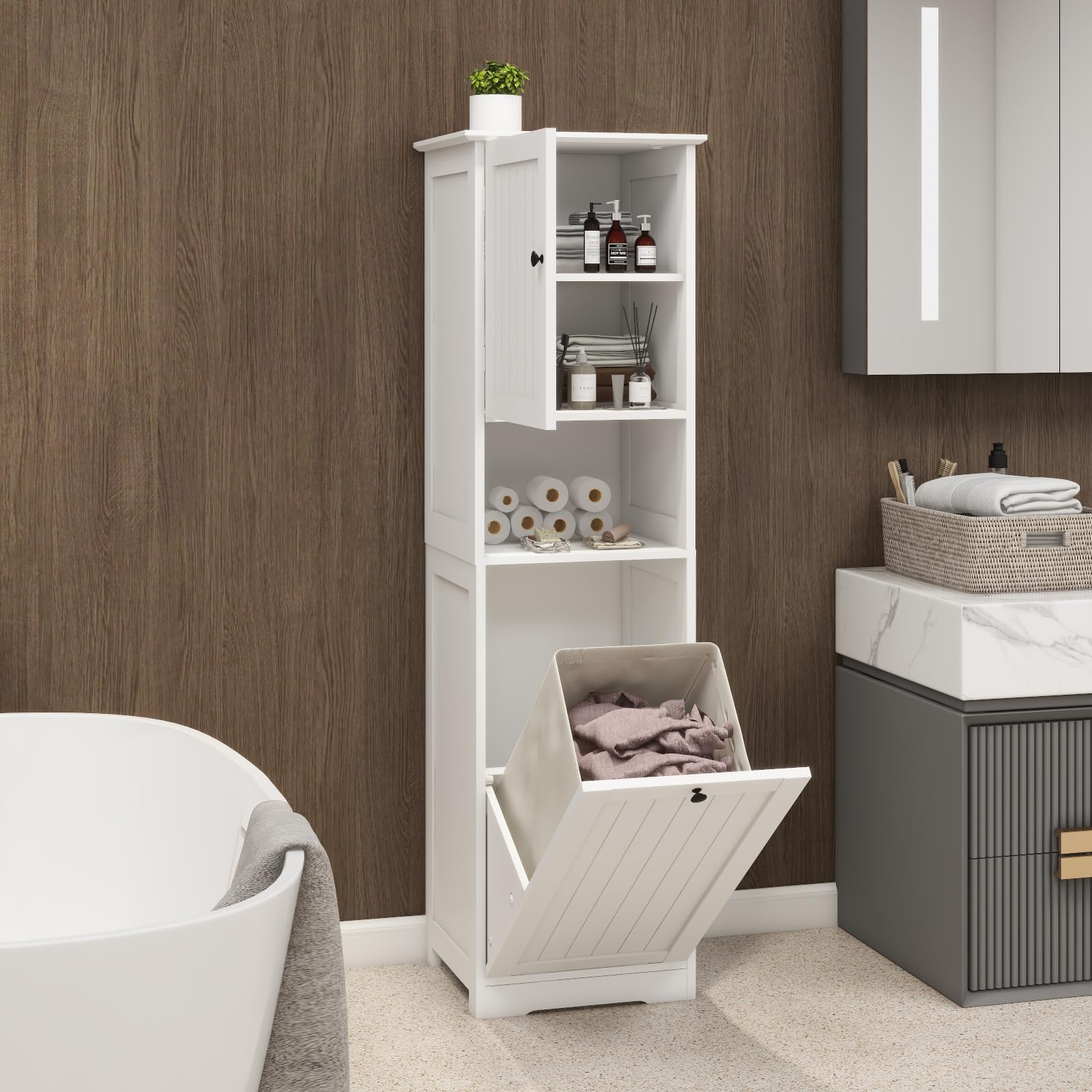 Locsear Tilt Out Laundry Hamper Cabinet, 55 Tall Bathroom Storage Cabinet Laundry Cabinet With Shelves And Clothes Basket, Hampe