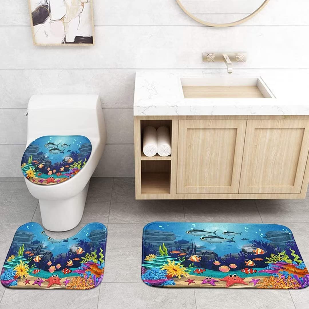 Nbvko 4Pcs Cartoon Blue Ocean And Creature Shower Curtain Set With Non-Slip Rugs,Toilet Lid Cover And Bath Mat,Bathroom Shower D