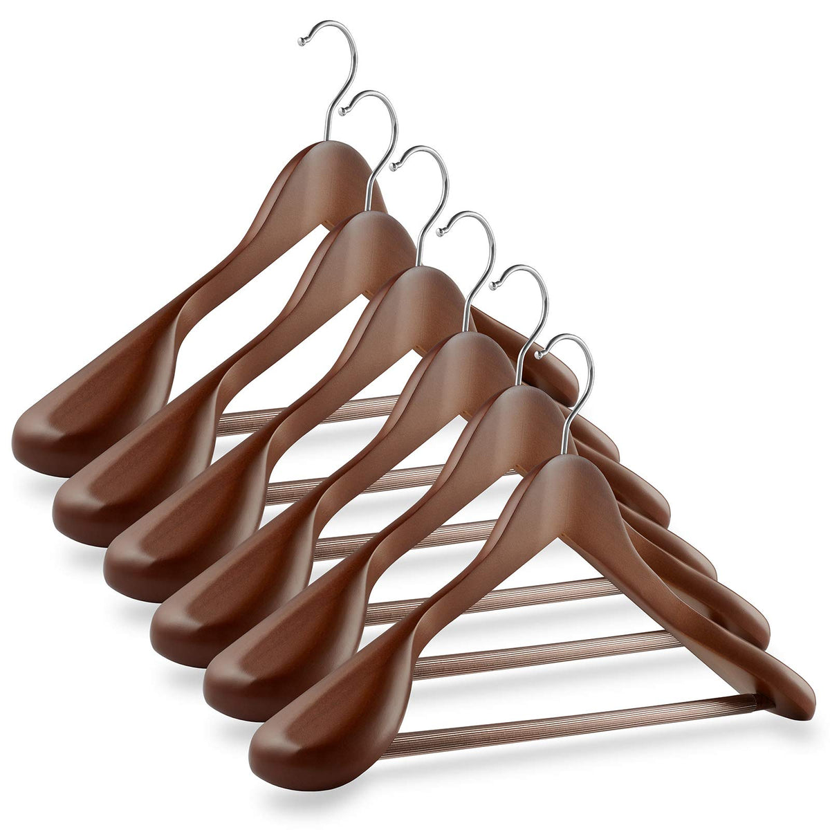 Casafield - 6 Walnut Wide Shoulder Wooden Suit Hangers - Premium Lotus Wood, Non-Slip Pant Bar & Chrome Swivel Hook For Dress Cl