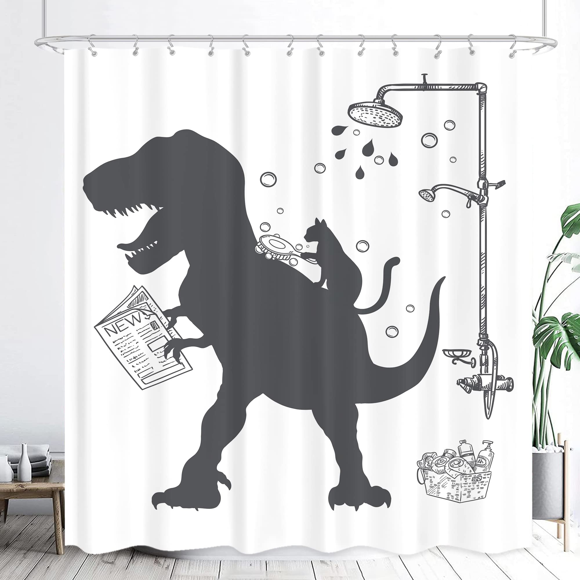 Lghtyro Funny Dinosaur Kid Shower Curtain Bathroom Set 60Wx71H Inches Cartoon Dino Cat Trex Animal Raptor Silhouette Shadow Bath