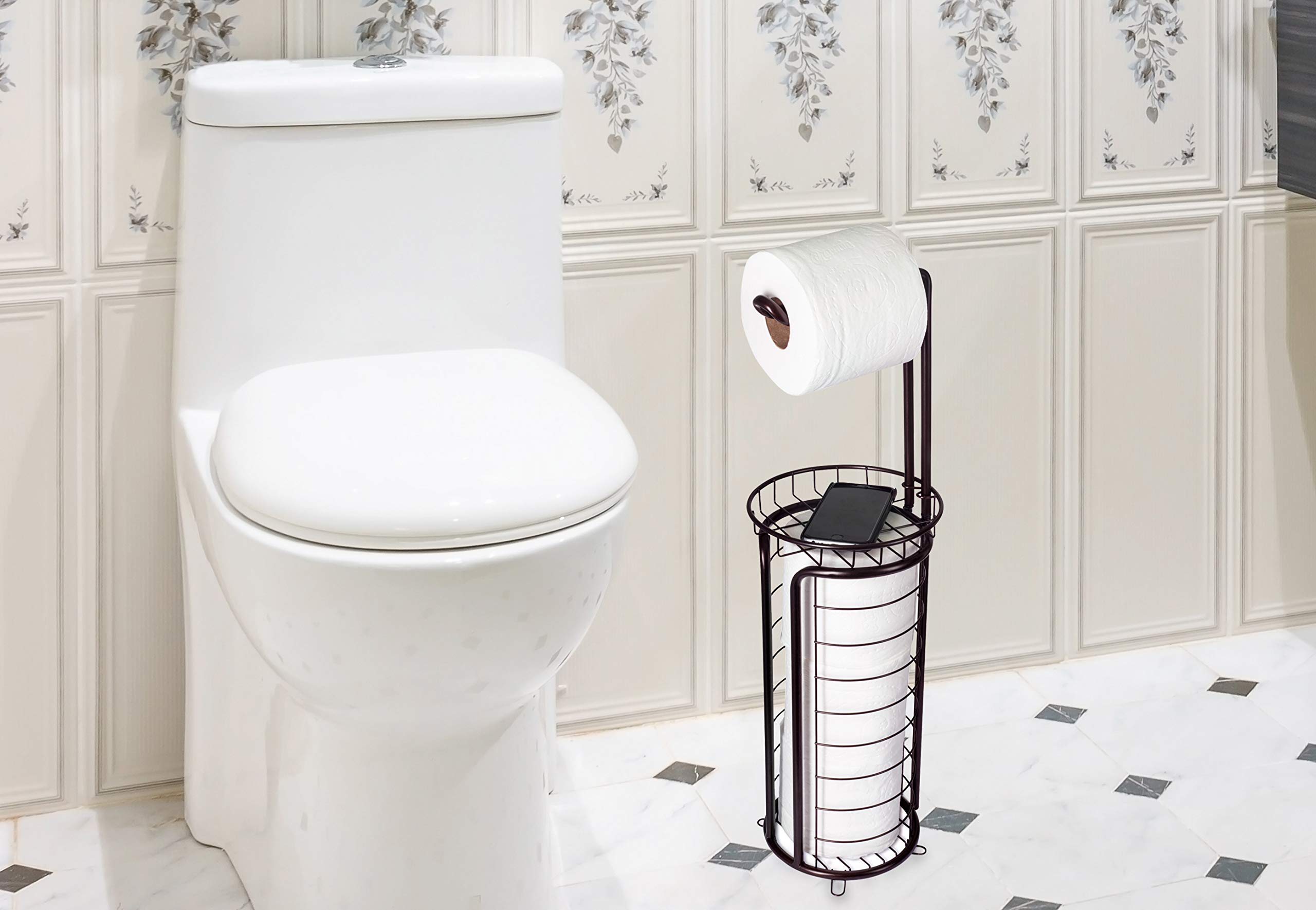 Baflan Free Standing Toilet Tissue Paper Roll Holder Dispenser - Bronze, Model 68254, Bathroom Organizer with Storage Shelf