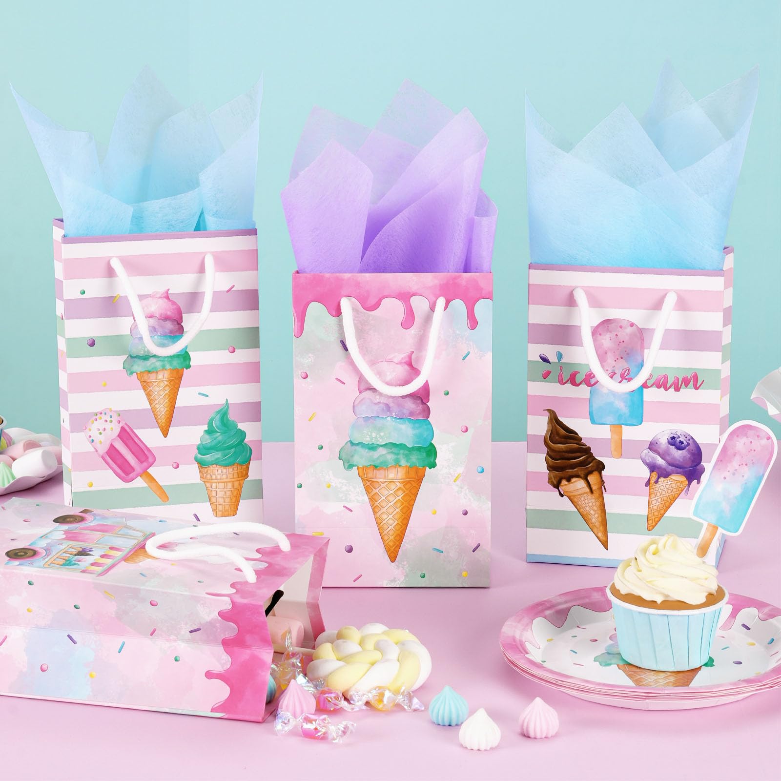 Wernnsai 16 Pcs Ice Cream Gift Bags With Handles Reusable Ice Cream Party Favor Bags For Summer Party Supplie Candy Tote Bags Fo