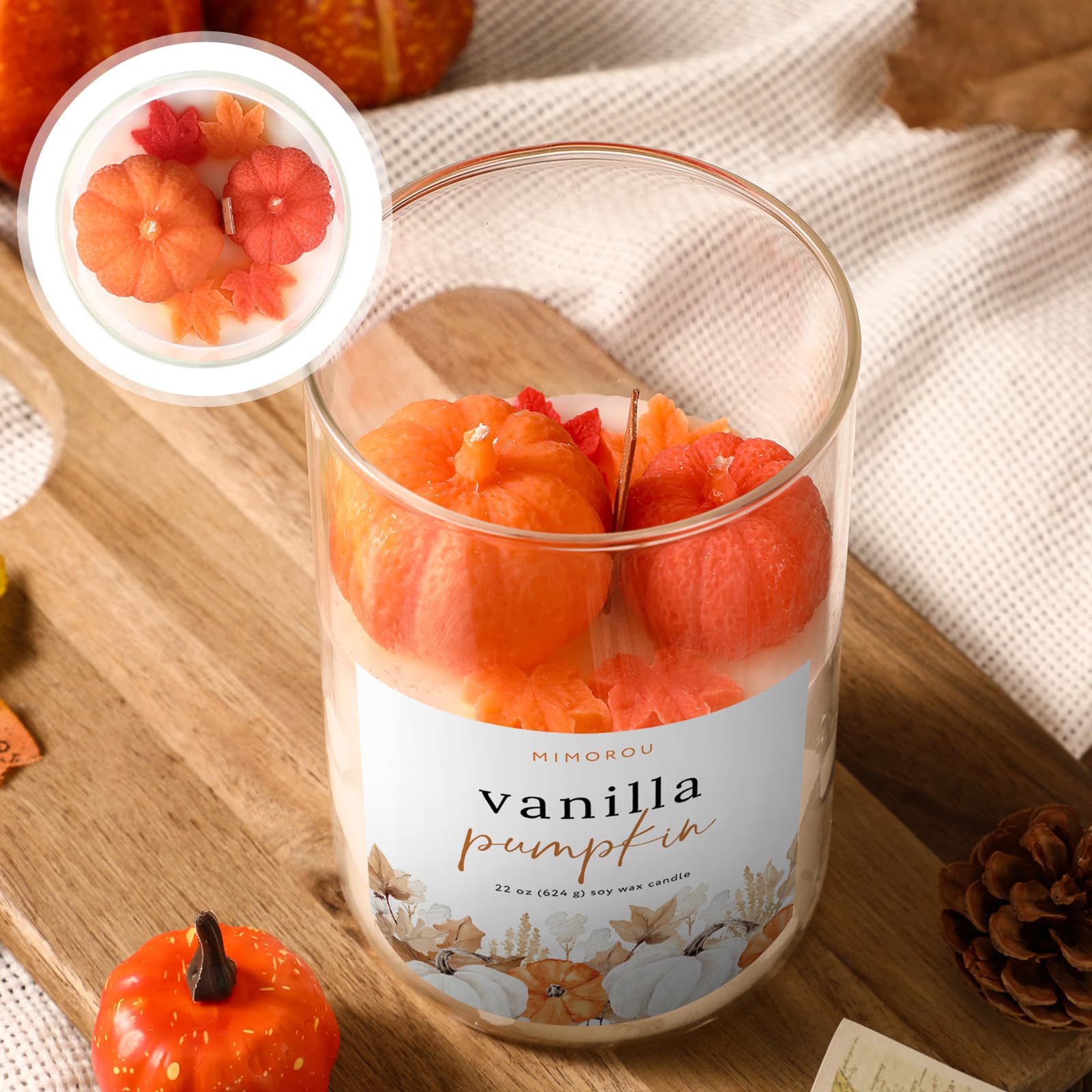 Mimorou Large Pumpkin Candle 3D Thanksgiving Pumpkin Shaped 22oz Decorative Fall Glass Jar Soy Wax Orange Candle up to 60-hour B
