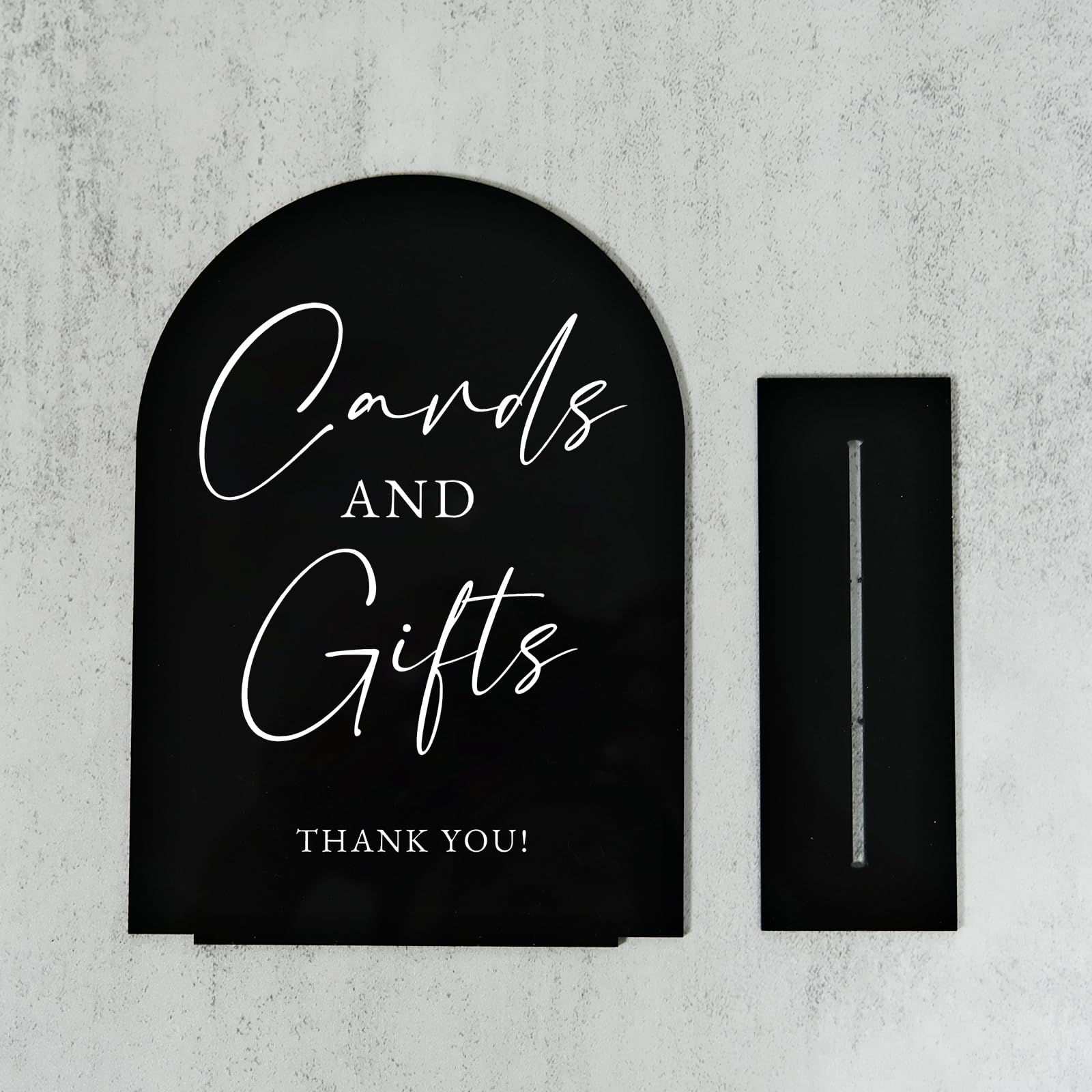 Set of 2 Black Acrylic Wedding Signs for Reception, 5x7 Black Arched Acrylic Table Sign and Base | Cards and Gifts | Guest Book