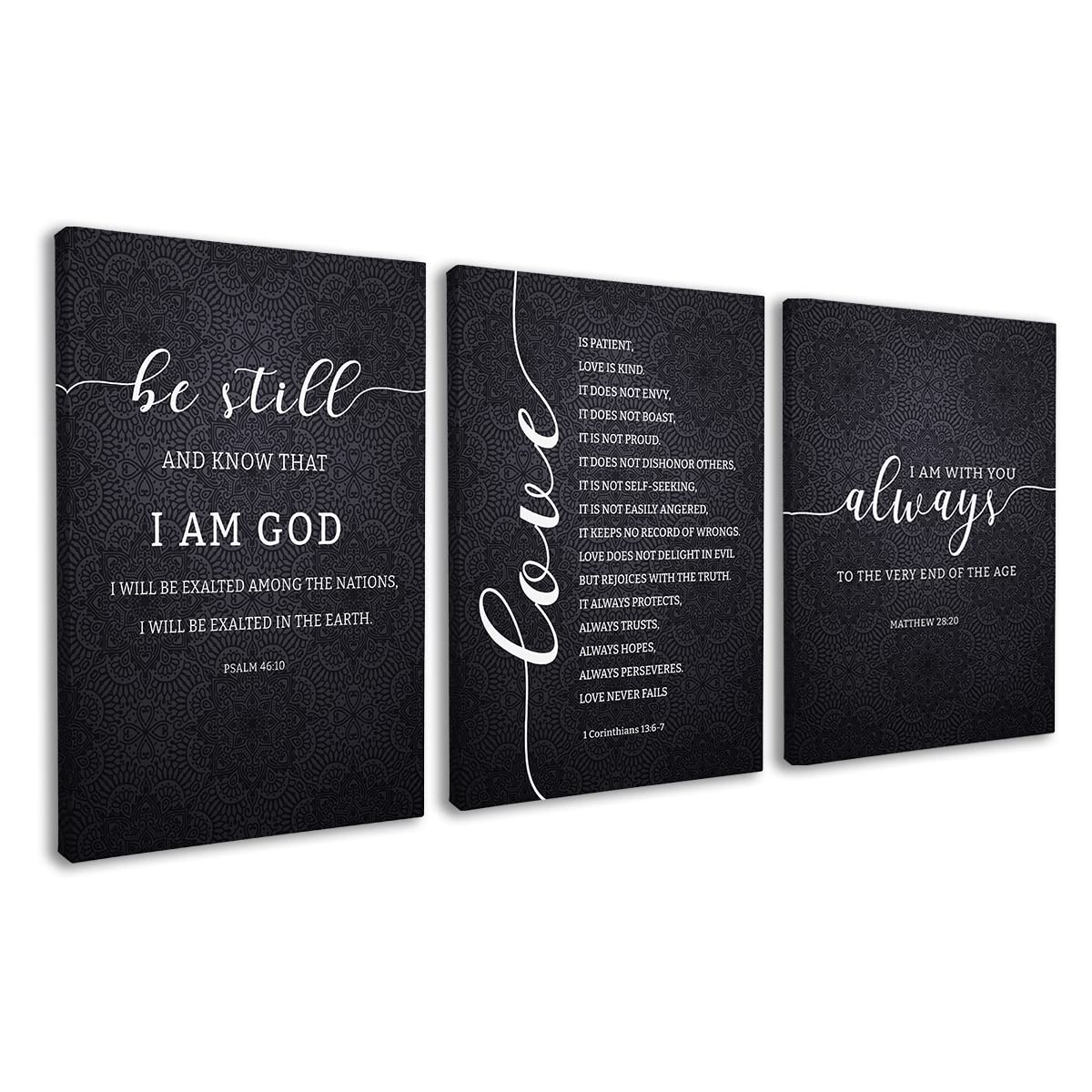 Dazingart Black Bible Verse Wall Art, Large Poster Gallery Set Of 3 Prints, Be Still, Love Is Patient, I Am With You Always, Scr