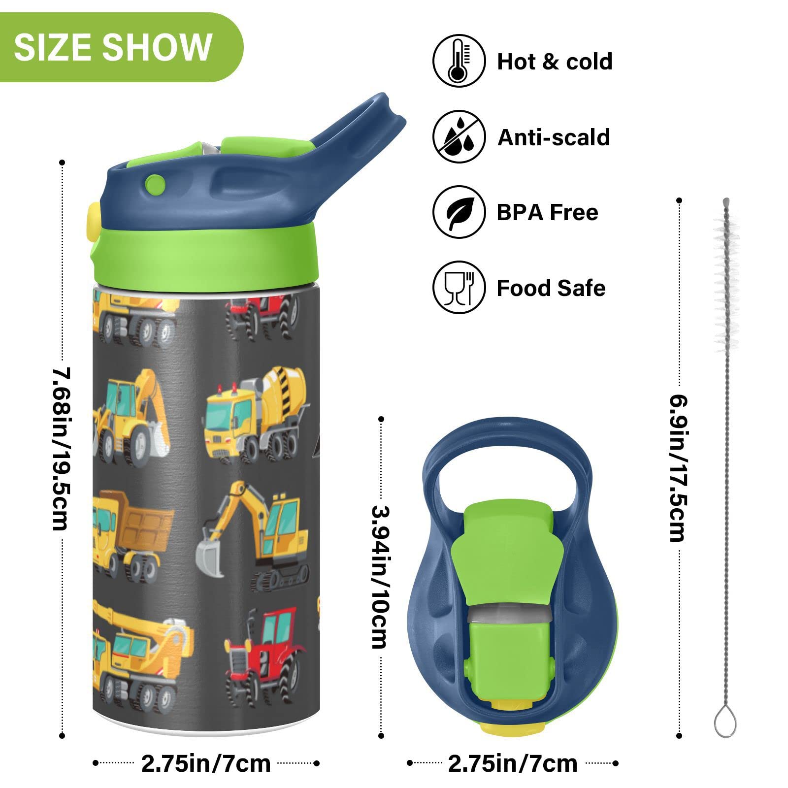 Boccsty Yellow Tractor Truck Kids Water Bottle With Straw Lid Car Insulated Stainless Steel Reusable Tumbler For Boys Girls Todd