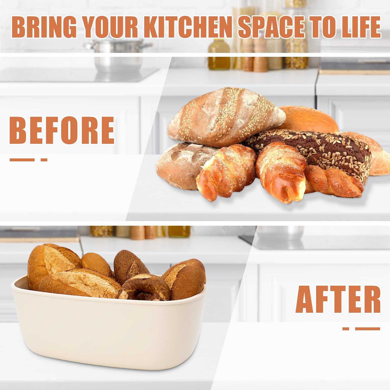 Triiter Bread Box With Bamboo Wood Cutting Board Lid & Bread Slicer Holder, Oval Cream Color Bread Container For Kitchen Counter
