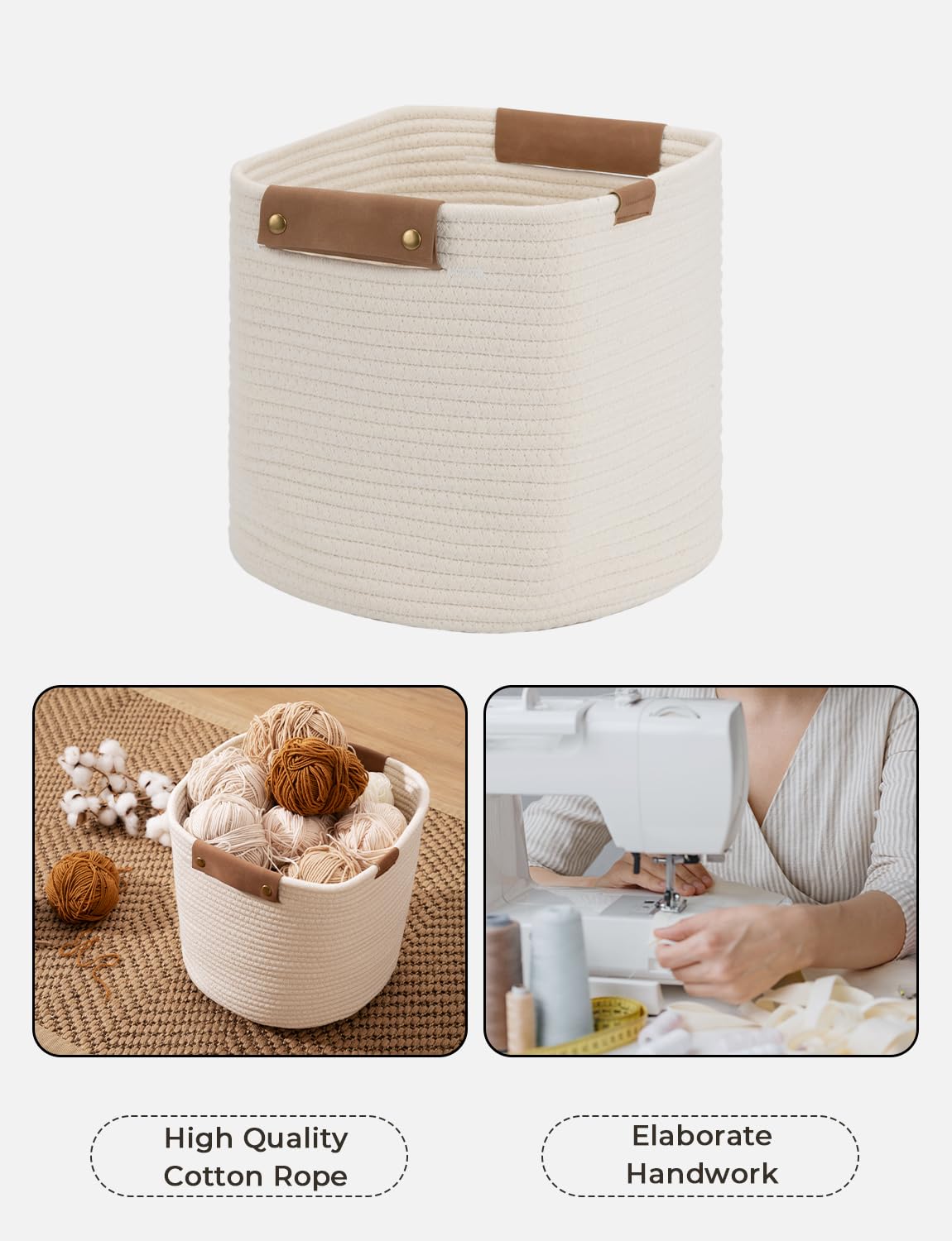 Storageworks 11X11X11 Woven Baskets - 3 Pack, Cotton Rope Baskets With Leather Handles, White - Cube Storage Organizer For Bedro