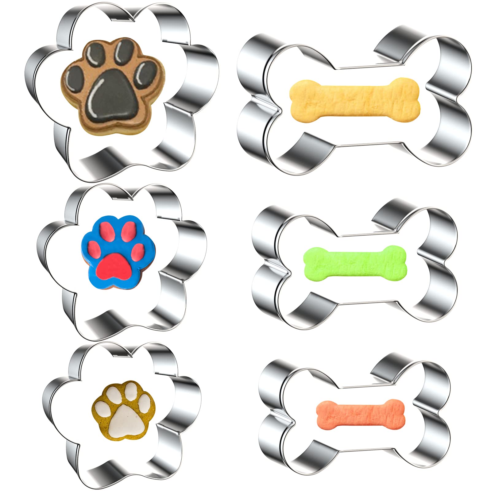 6 Pcs Bone And Dog Footprints Cookie Cutters Set, Metal 3 Sizes Dog Bone Footprints Shape Cookie Cutters, Dog Theme Party Cookie