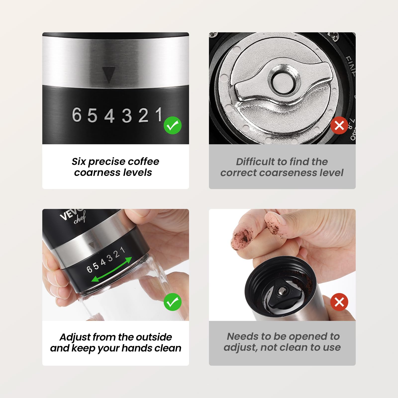 Vevok Chef Manual Coffee Grinder Hand Coffee Grinder 6 External Adjustable Setting Stainless Steel Conical Burr Coffee Mill Port