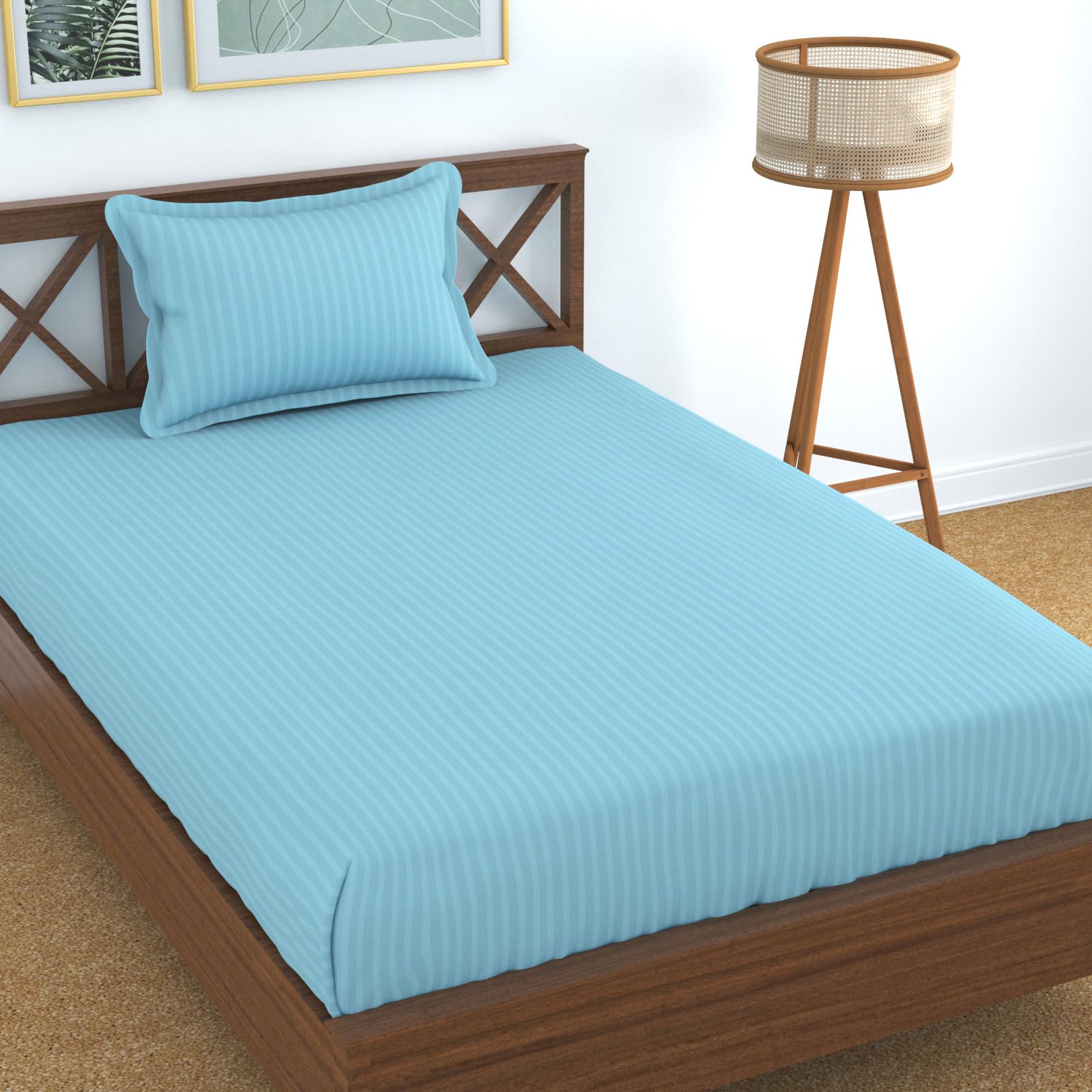 Homefab India 160 Tc Stripe Glace Cotton Single Bedsheet With 1 Pillow Cover - Light Blue