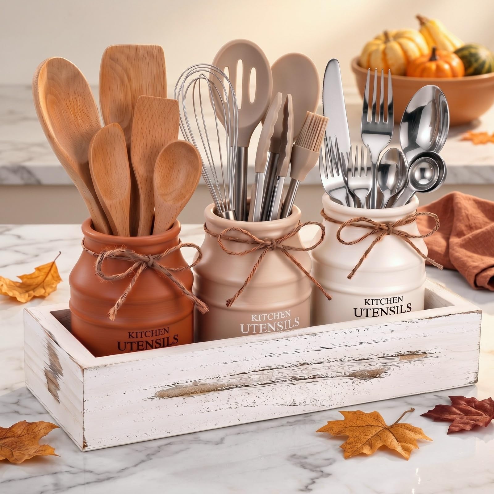 FoldTier 3Piece Farmhouse Fall Utensil Holder with Wood Tray,5.5