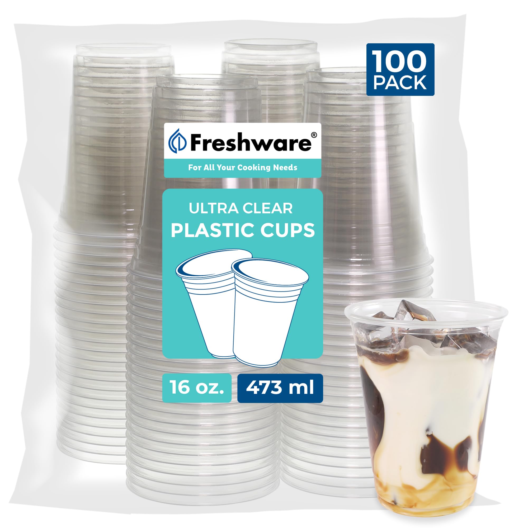 Freshware 16 Oz Clear Disposable Plastic Cups, Clear Plastic Cups Tumblers, Heavy-Duty Party Glasses, Disposable Cups For Thanks