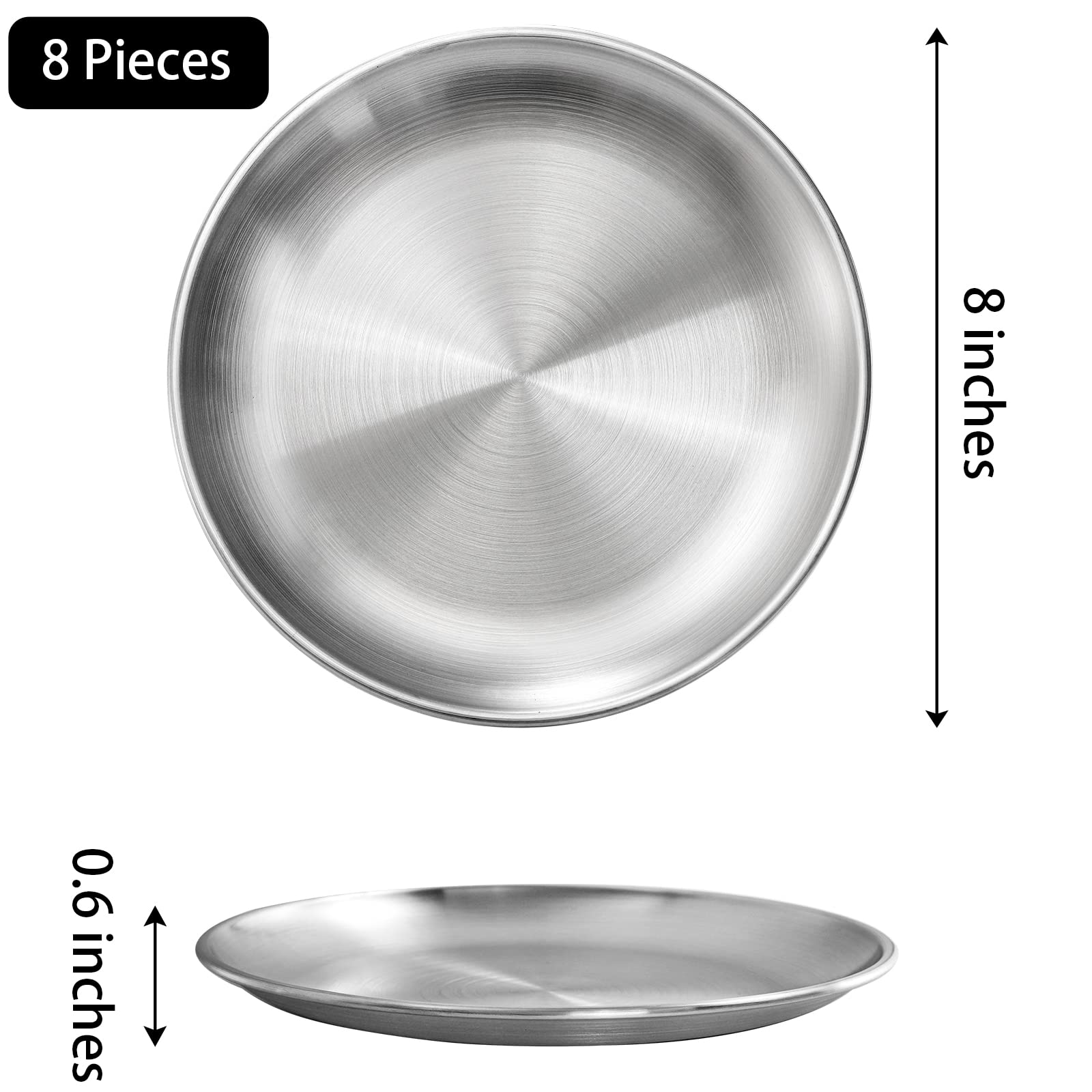 Fasmov 8 Pack 8 Inches 18/8 Stainless Steel Plates, Metal 304 Dinner Dishes Serving Camping Plates For Picnic Outdoor Camping, R
