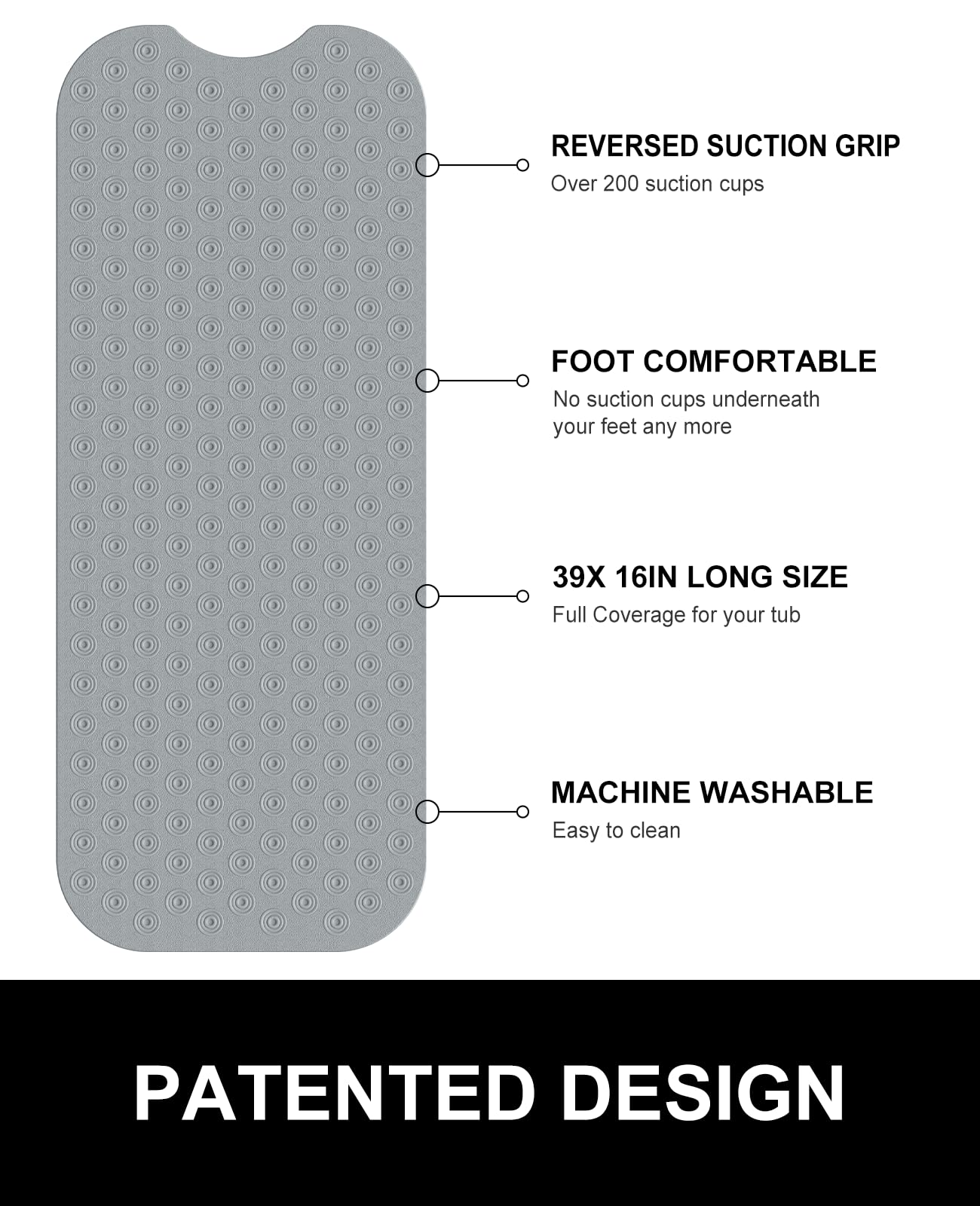 Othway Bathtub Mat Non Slip, 39X16 Inch Bath Mat For Tub, Machine Washable Bath Tub Mats With Reverse Suction Cups, Comfortable
