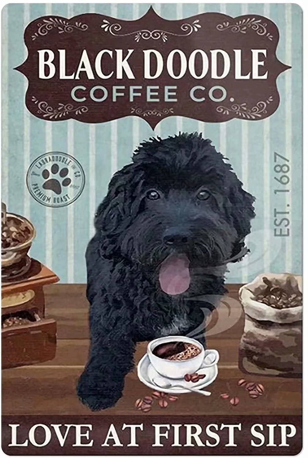 Black Doodle Metal Tin Sign Black Doodle Coffee Co. Love At First Sip Funny Poster Cafe Dining Room Living Room Bathroom Kitchen