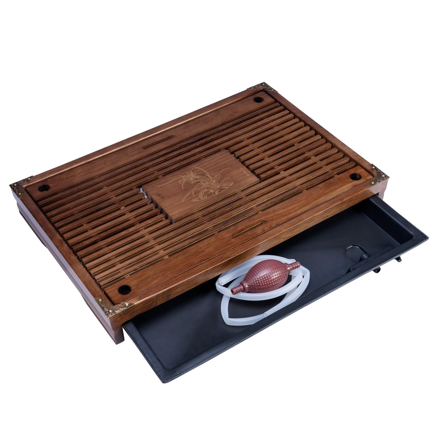 Rora Bamboo Tea Tray Chinese Gongfu Tea Serving Tray With Drawer Type Water Storage Drainage Kungfu Tea Set Table (Brown)