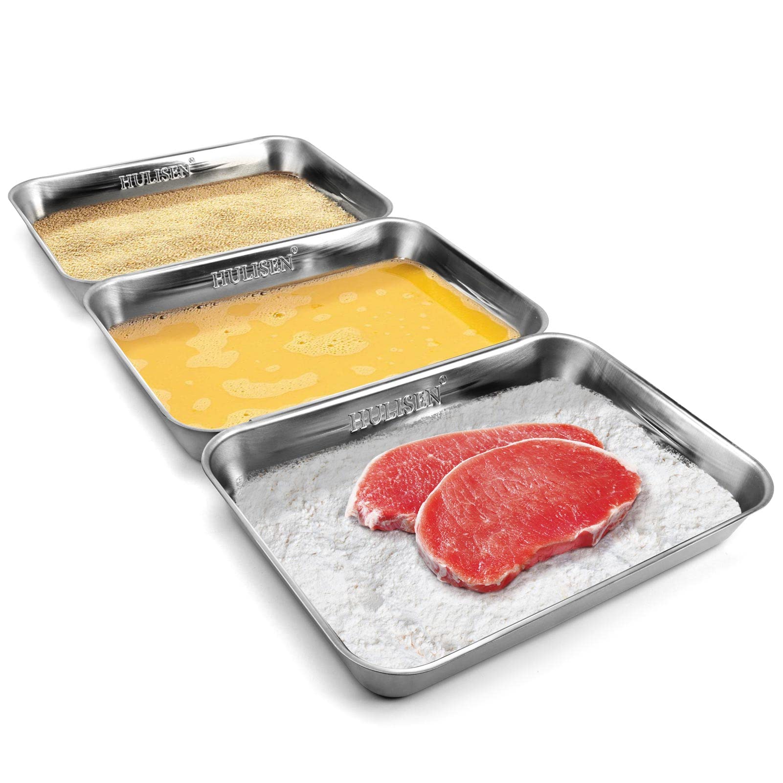 Hulisen Breading Trays Set Of 3, Large Stainless Steel Breading Pans For Dredging Chicken Breasts And Marinating Meat, Interlock