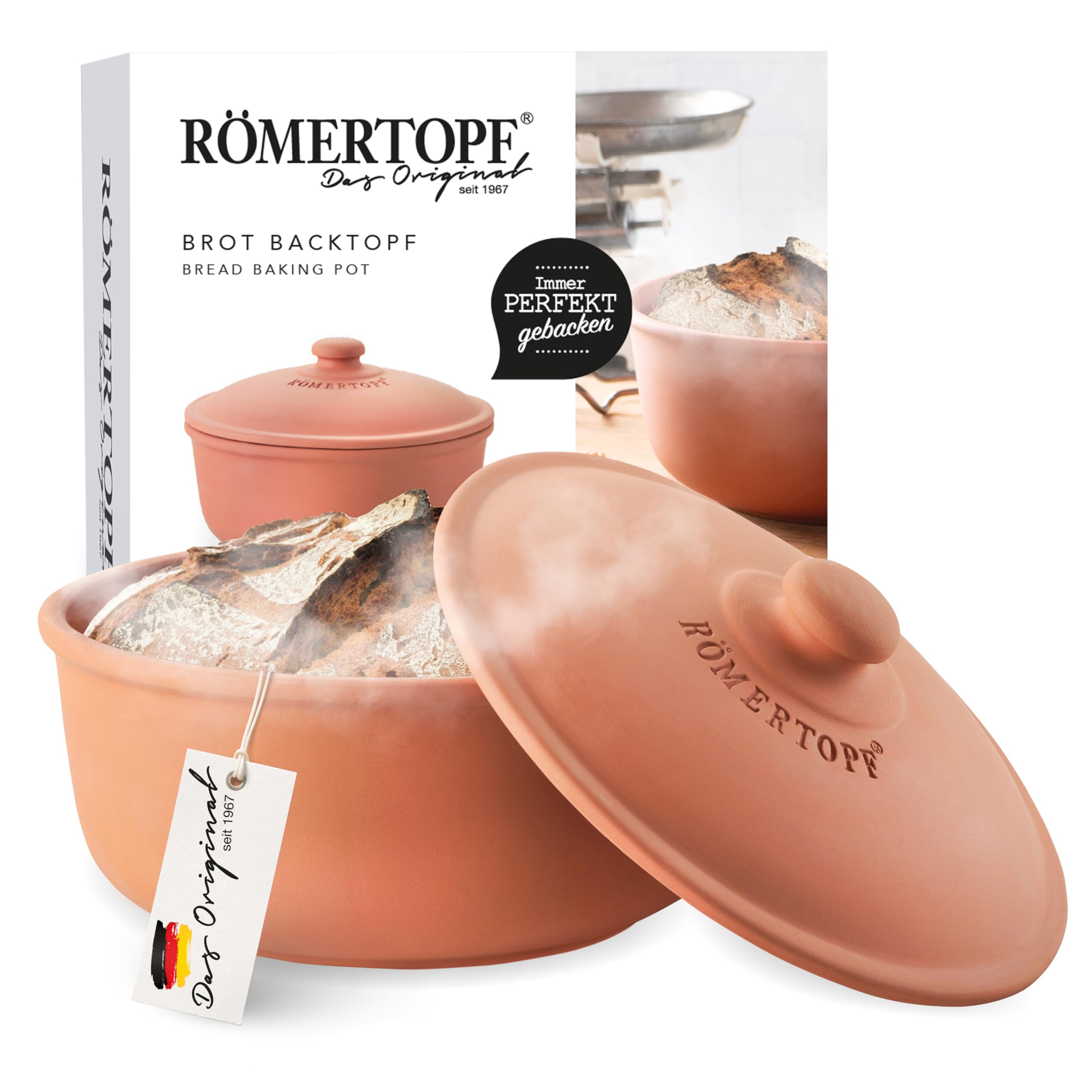 Romertopf Round Bread Baking Pot, 23.0 cm, 2 L, Orange, Glazed Ceramic Clay, 7.07 L, Up to 1 kg, Dishwasher Safe