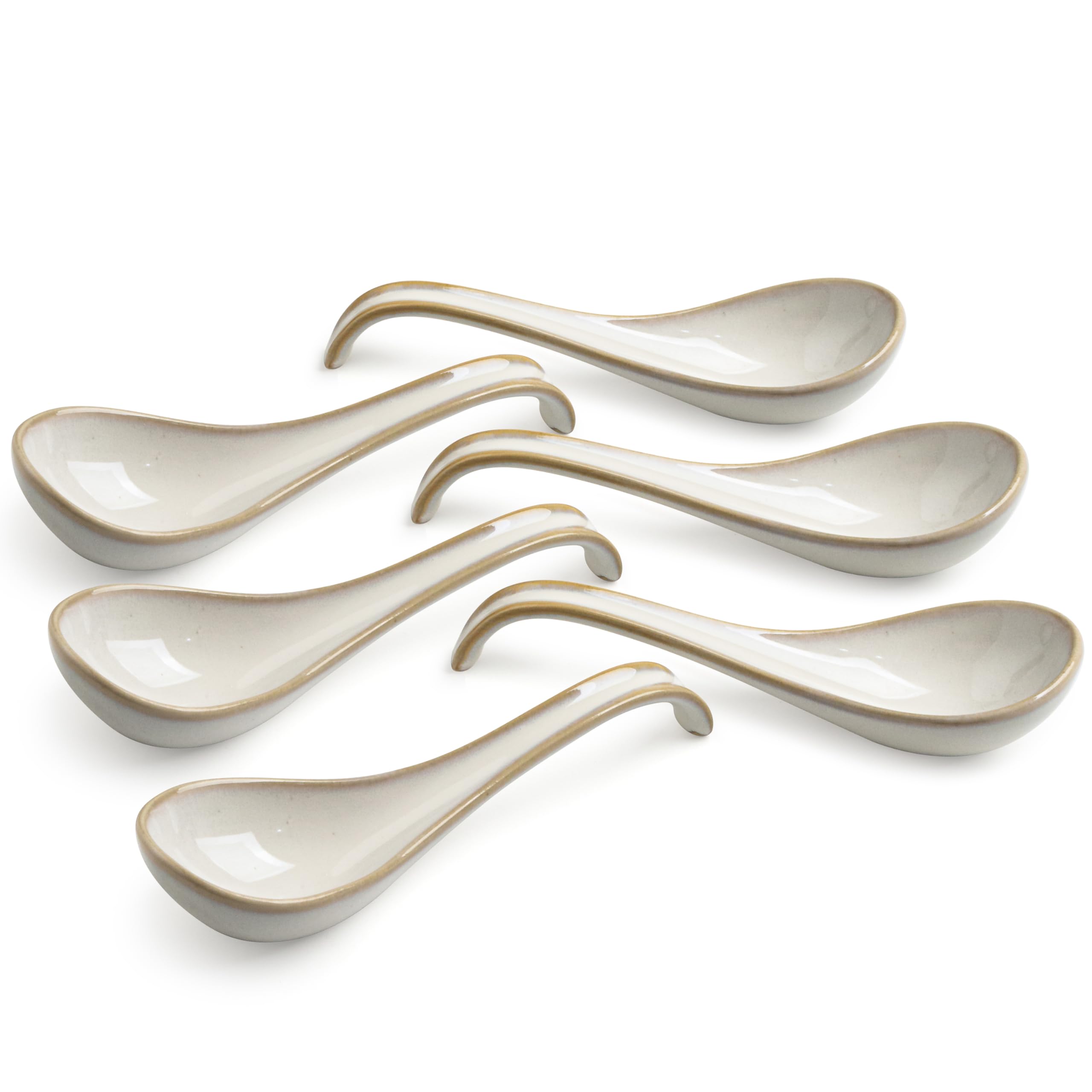 LYEOBOH Asian Soup Spoons, 6.5 inch Ceramic Soup Spoon Set of 6, Dinner Spoons with Deep Hook for Home, Kitchen, Dishwasher & Mi