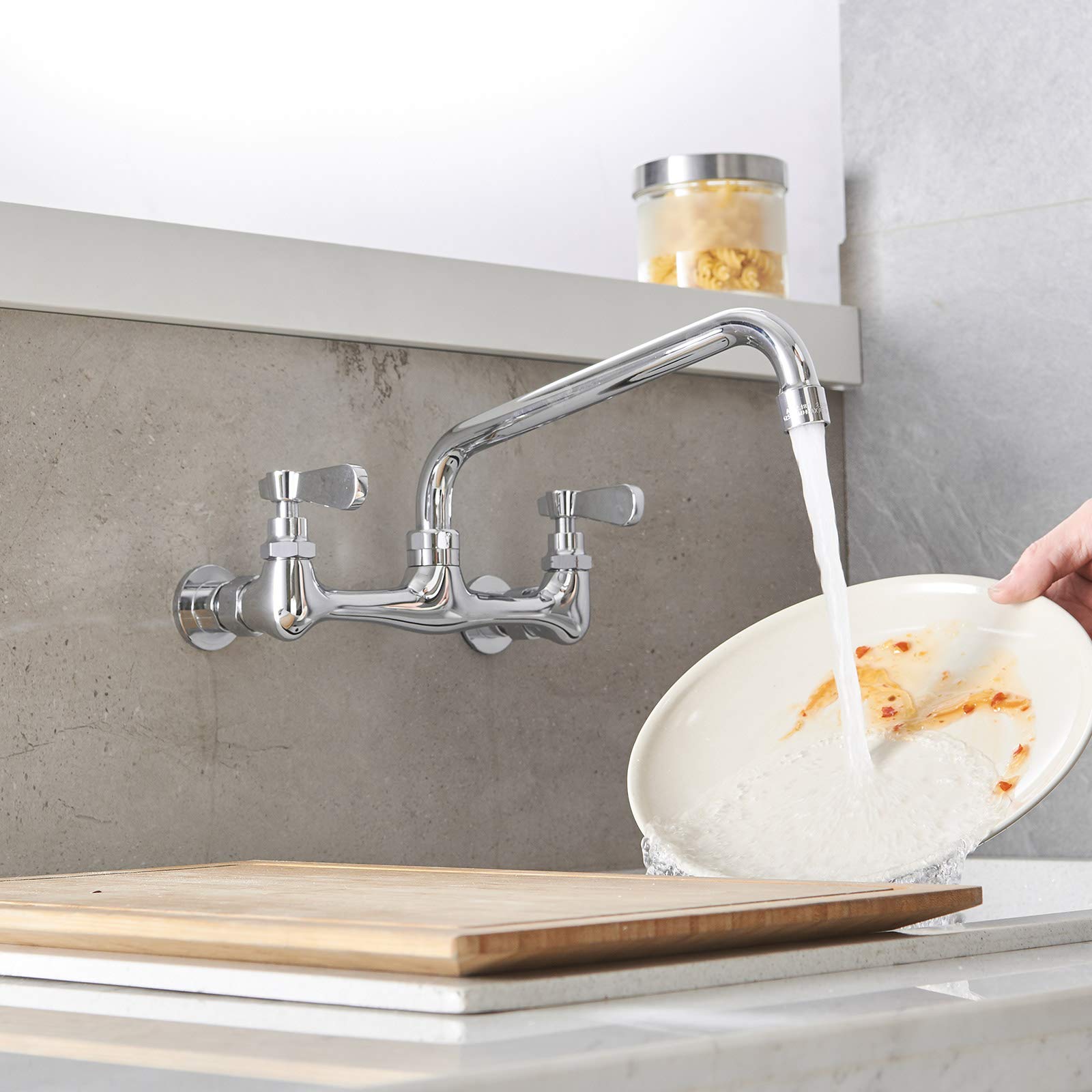 Kitchen Faucet Wall Mount With 10 Inch Swivel Spout 8 '' Center Commercial Sink 2-Handle Faucet Mixer Tap Polish Chrome Laundry