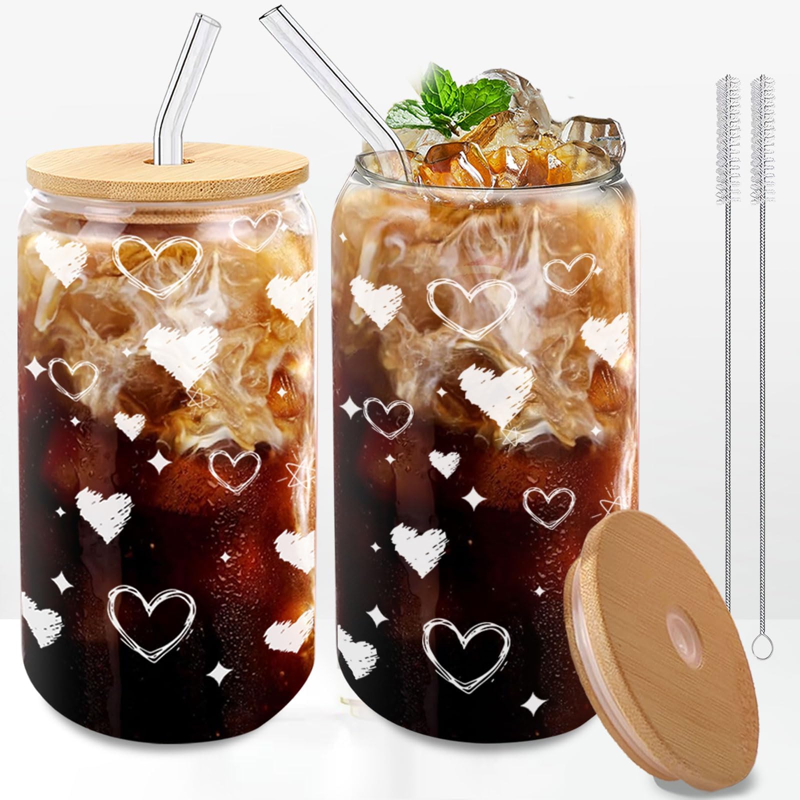 Glass Cups with Lids and Straws - 2 Pack 16oz Heart Tumblers with Bamboo Lids and Glass Straws - Cute Iced Coffee Gift for Girlf