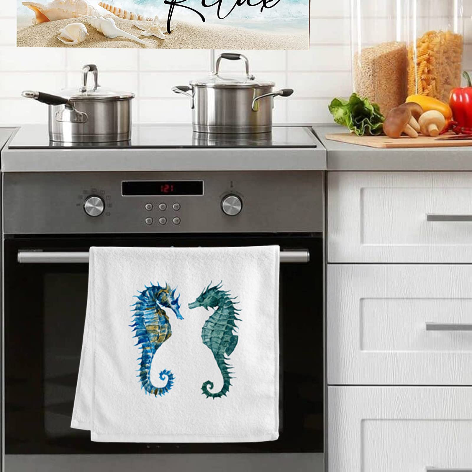 Alaza Ocean Seahorse Hand Towels For Bathroom Set Of 2,Coastal Beach Decorative Finger Towel 100% Cotton Soft Absorbent Face Tow